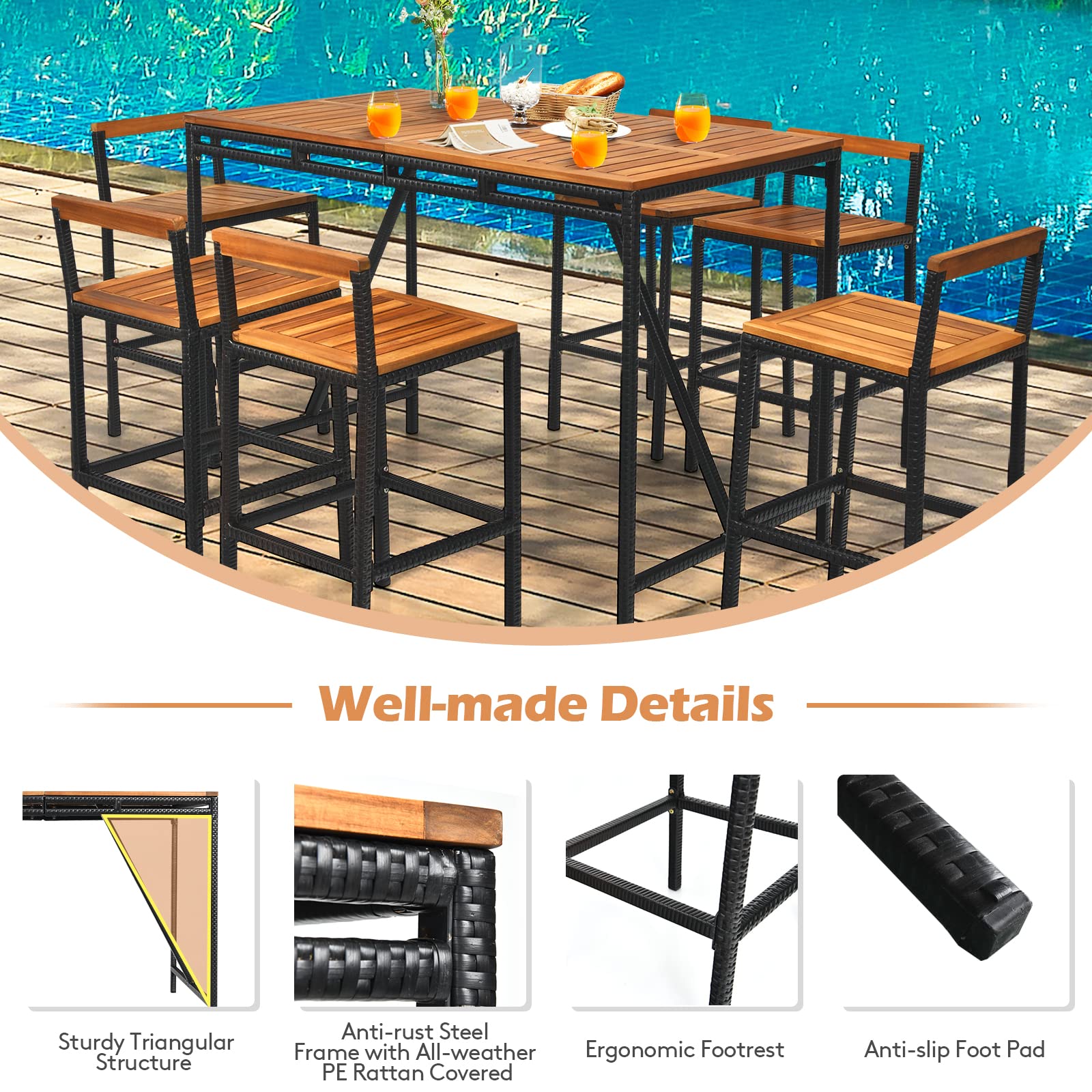 Tangkula 7-Piece Outdoor Dining Set - Acacia Wood Rectangular Table with Umbrella Hole & 6 Rattan Bar Stools - Patio, Backyard, Garden Conversation Set for Outdoor Entertaining and Relaxation