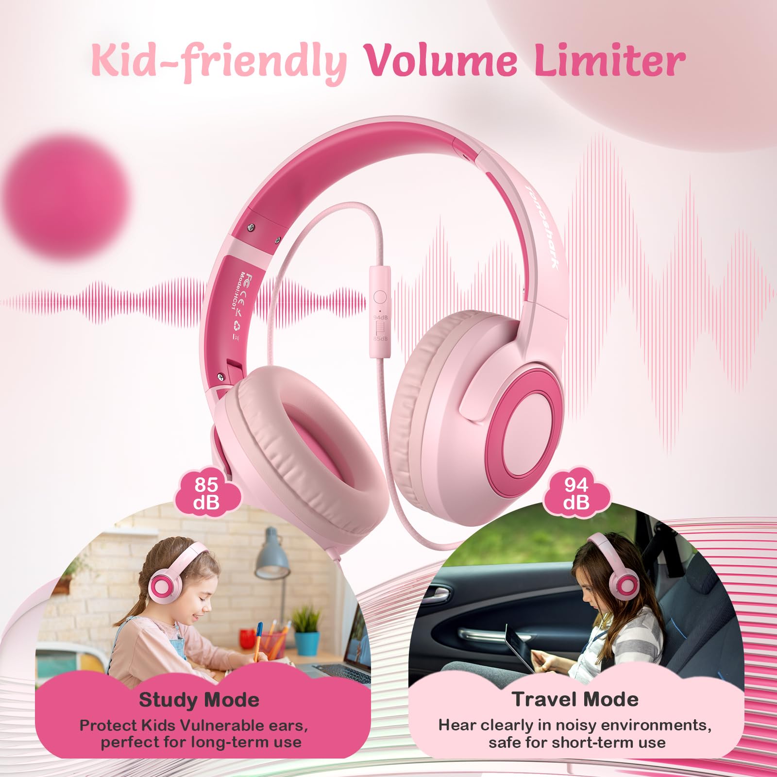 Safe Kids Wired Headphones with Microphone - 85/94dB Volume Limited Foldable Headset for Boys & Girls | 3.5mm Jack Earphones for School, Travel & Online Learning | Includes Portable Carrying Case