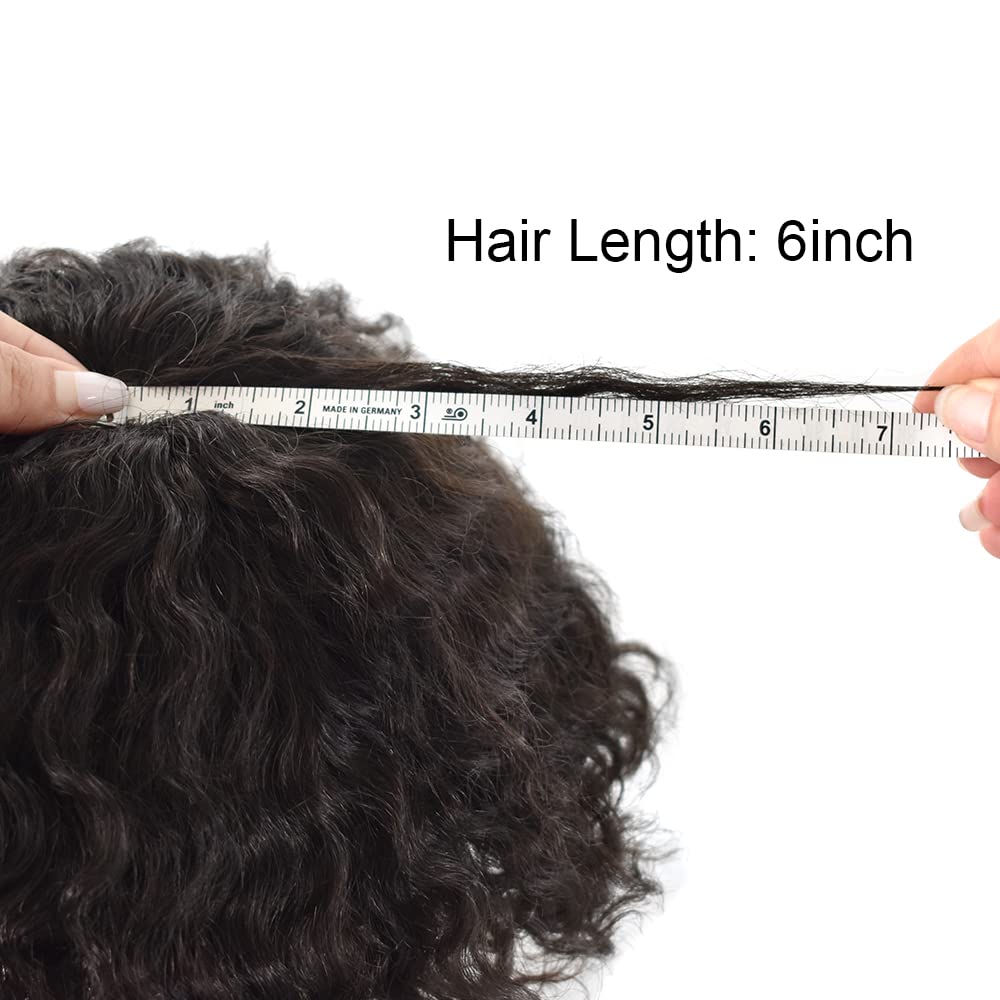 100% Human Hair Afro Toupee for Black Men - Kinky Curly Man Weave Hair System for African American - Jet Black 12mm Wave Full Lace Wig (8