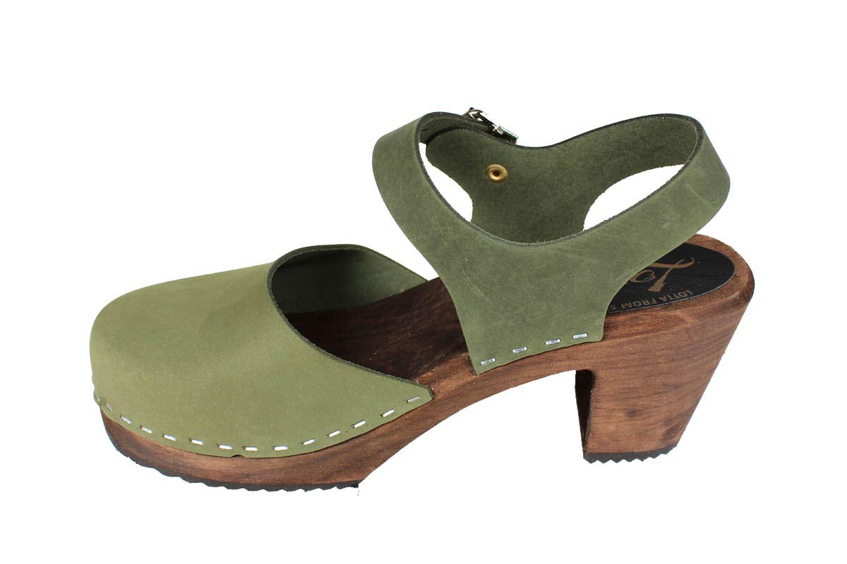 Swedish Highwood Clog Sandals for Women - Genuine Mary Jane Style Wooden Clogs Handmade in Sweden | Brown Alder Wood Sole with Oiled Nubuck Leather Upper in Green | Comfortable & Supportive Footwear for Walking, Gardening & Casual Wear