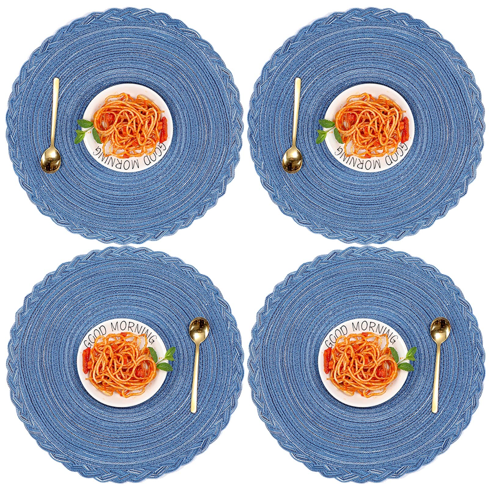 TIMOZERO Round Woven Placemats Set of 4 - 14 Inch Heat & Stain Resistant Braided Edge Table Mats for Dining Room Decor, Kitchen, Party & Everyday Use (Blue)