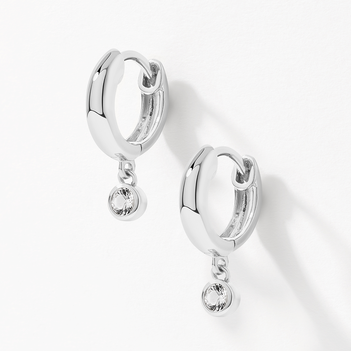White Topaz Round Drop Charm Huggie Earrings in Sterling Silver - Perfect for Weddings, Parties & Everyday Elegance