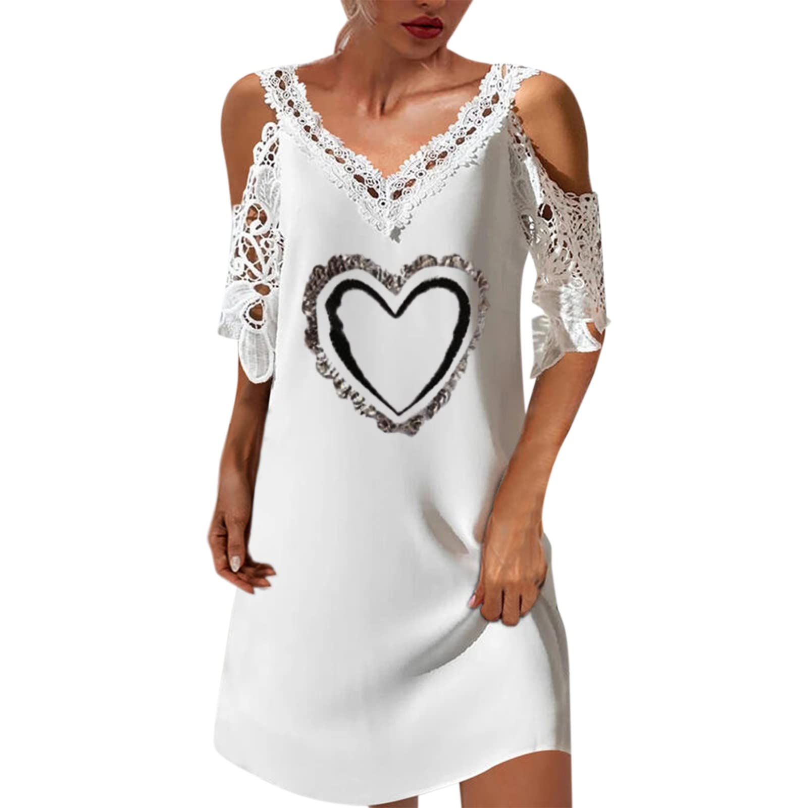 Women's Casual Sundress - V Neck Lace Short Sleeve Floral Print Summer Beach Dress for Spring & Daily Wear | Perfect for Vacations, Picnics and Outdoor Events