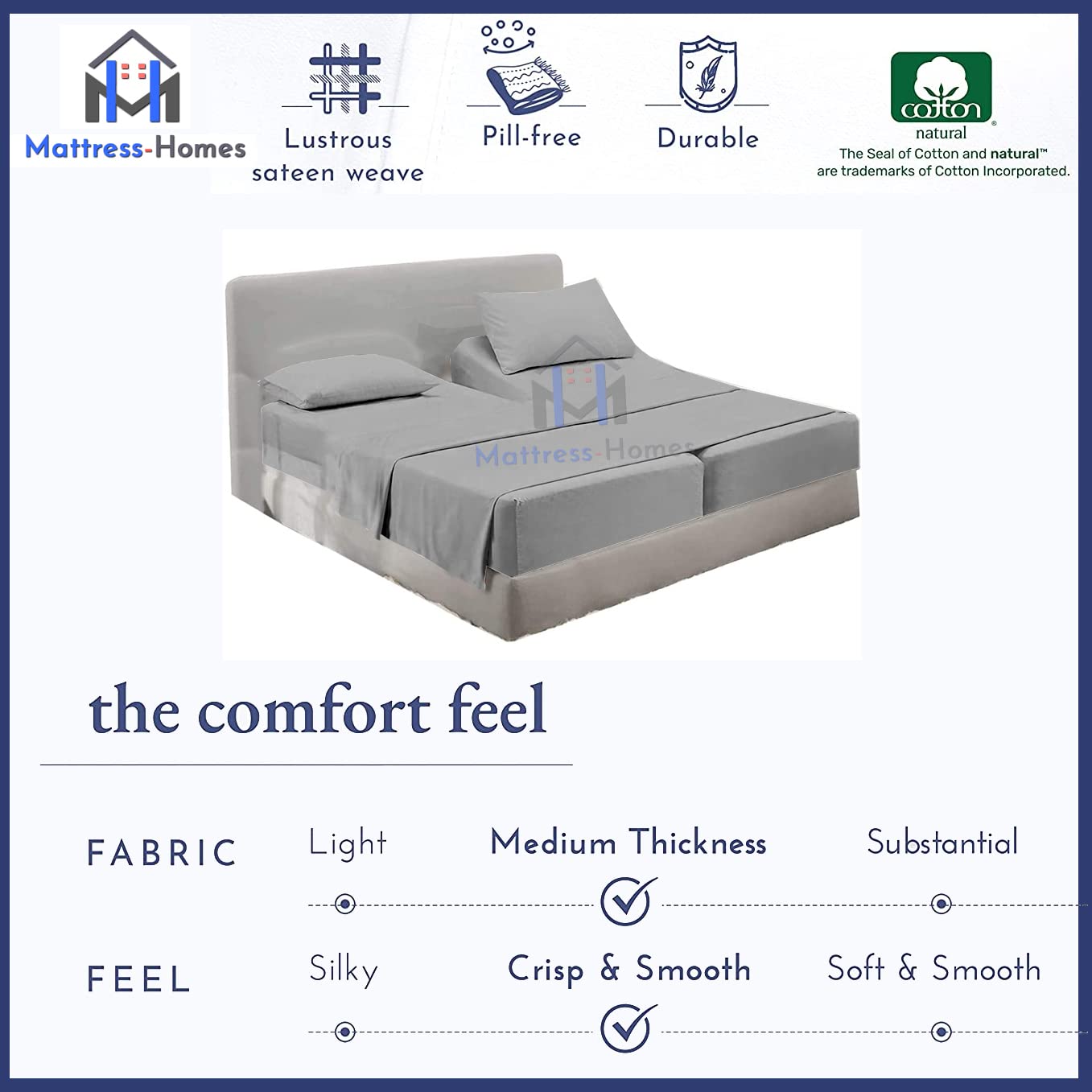 Premium 600 Thread Count 100% Long Staple Combed Cotton Split King Sheet Set - 5 Piece Adjustable Bed Sheets for Split King Size Beds (Light Grey) - Perfect for Adjustable Beds, Master Bedrooms & Luxury Hotels