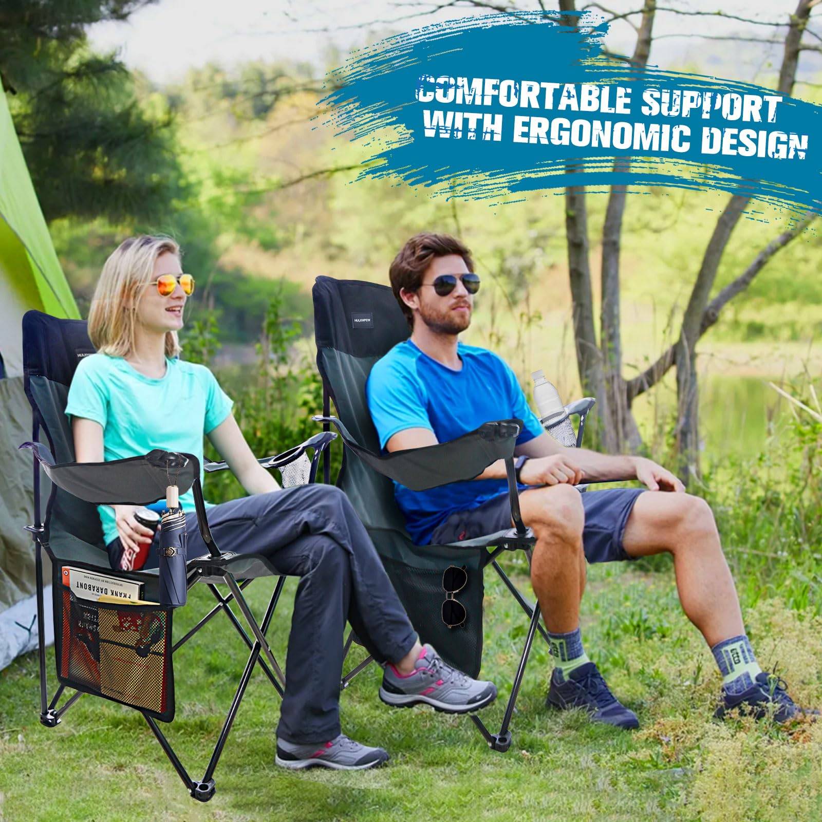 Portable Folding Camping Chair with Side Pocket & Cup Holder - Lightweight Foldable Outdoor Chair for Camping, Hiking, Beach, Picnics, Fishing, Backyard - Compact Travel Chair with Wine Glass Holder & Carry Bag - Perfect for Outdoor Adventures, Tailgating and Relaxing in Nature