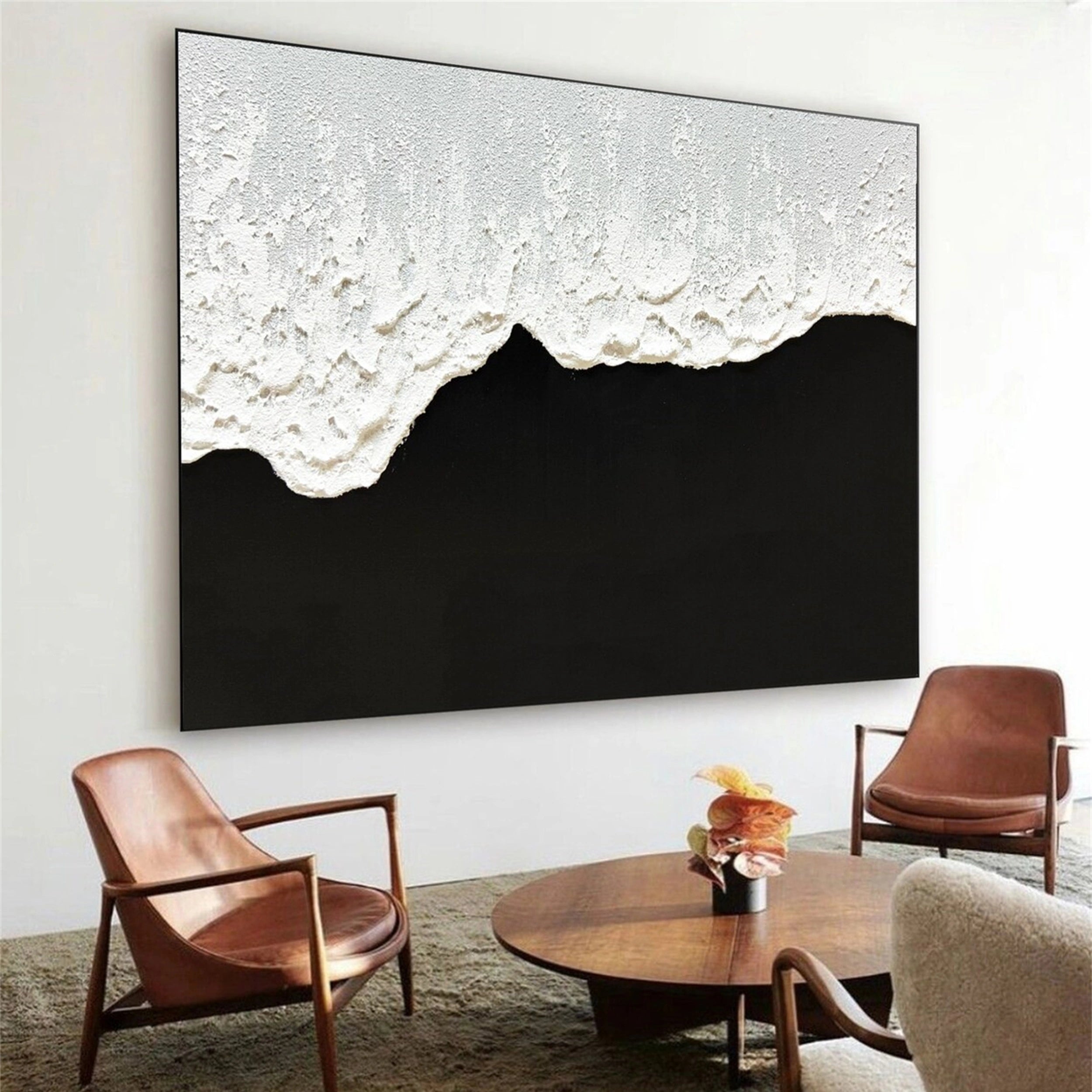 Black and White Textured Minimalist Wall Art Print - Modern Abstract Canvas Painting for Living Room, Bedroom & Office Decor | #MZ058