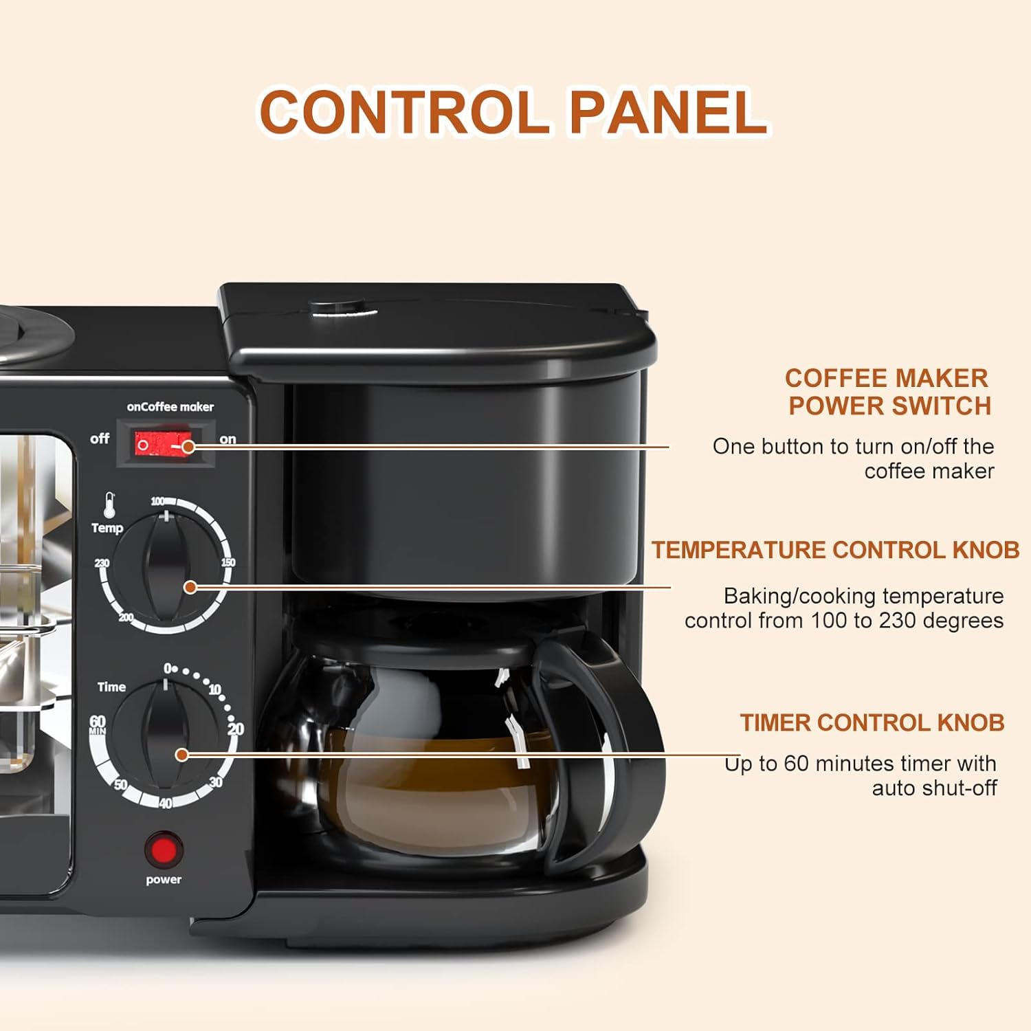 3-in-1 Breakfast Station with Timer - Toaster, Frying Pan & Coffee Maker - Compact Portable Oven for Small Kitchens, Apartments & Dorms - Perfect for Quick Breakfasts, Camping & Office Use