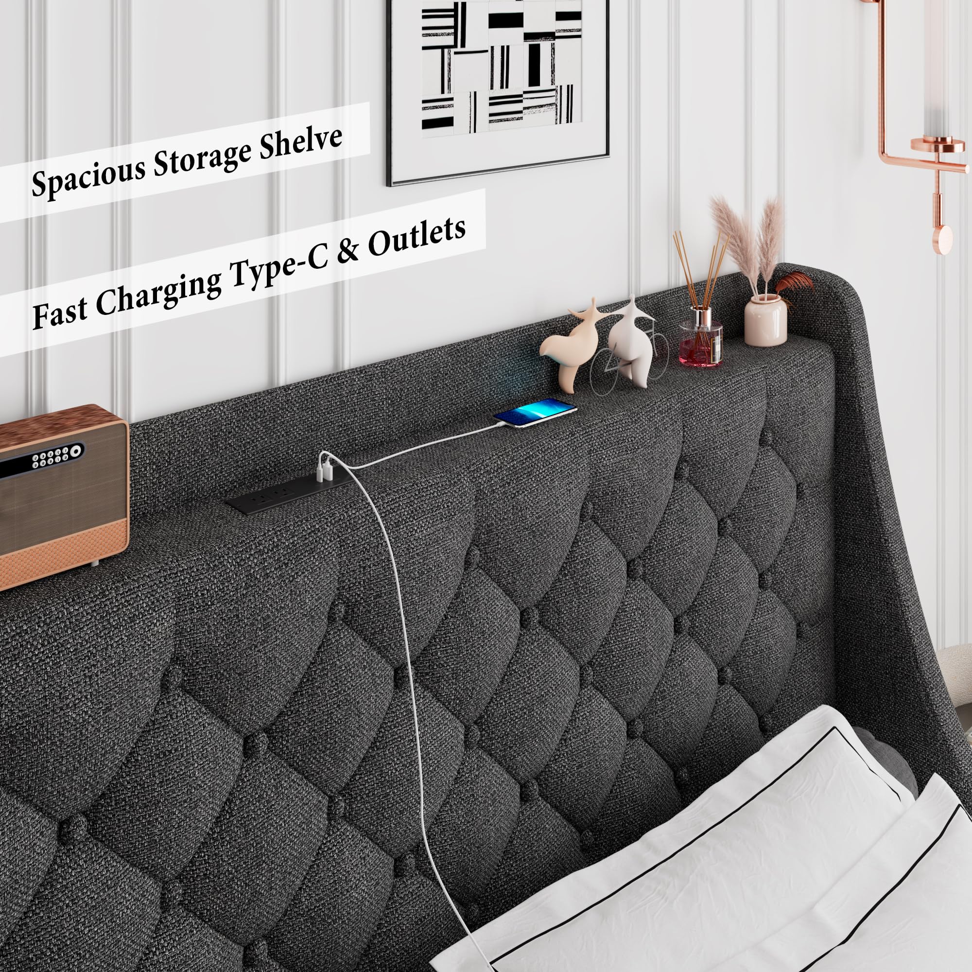 iPormis King Size Bed Frame with 4 Storage Drawers & USB Ports - Upholstered Platform Bed with Wingback Headboard, Solid Wood Slats - No Box Spring Needed - Dark Gray - Perfect for Master Bedroom, Guest Room & Small Space Organization