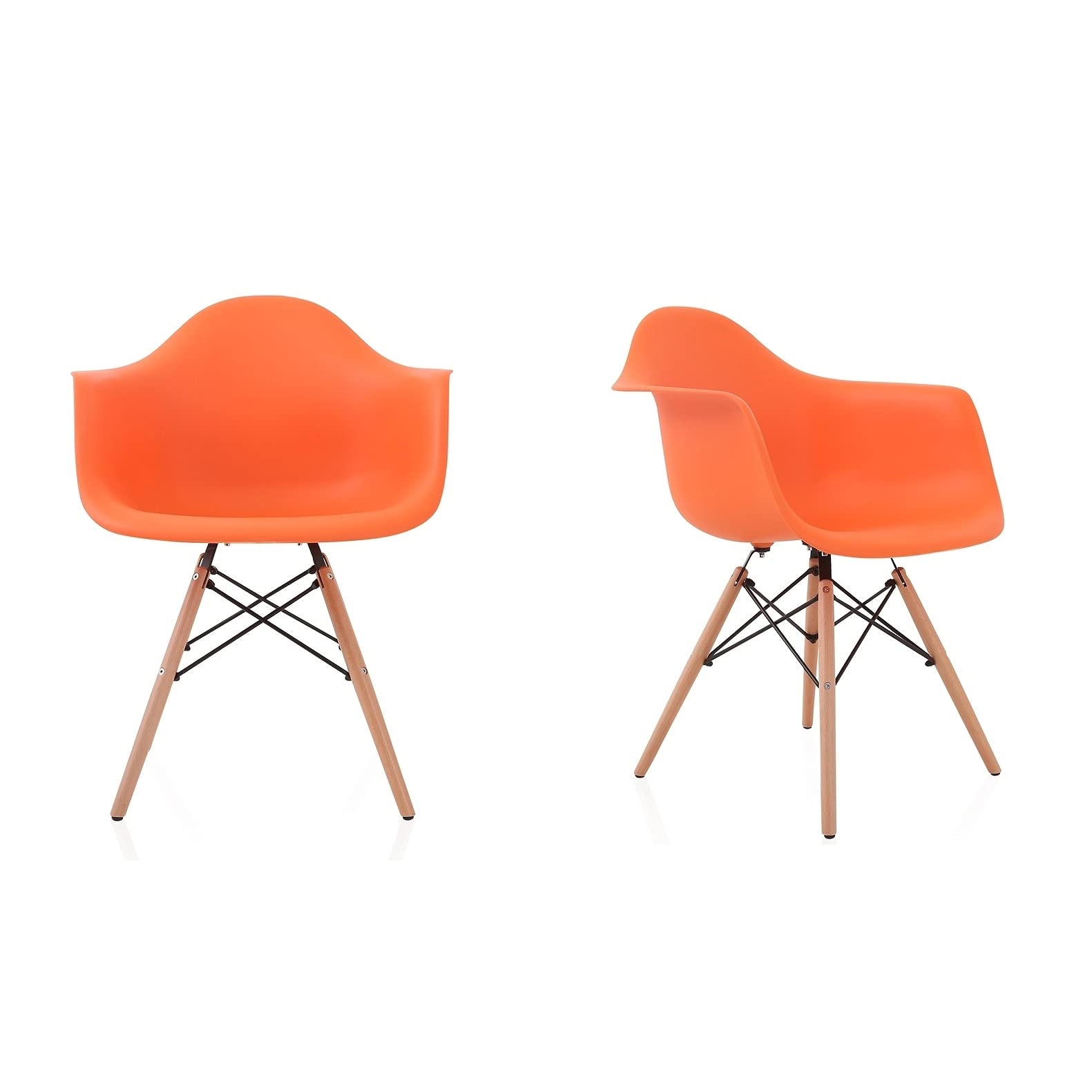 Nordic Orange Molded Plastic Dining Chair with Beech Wood Eiffel Legs - Modern Comfortable Armchair for Kitchen, Dining Room & Outdoor Patio Use