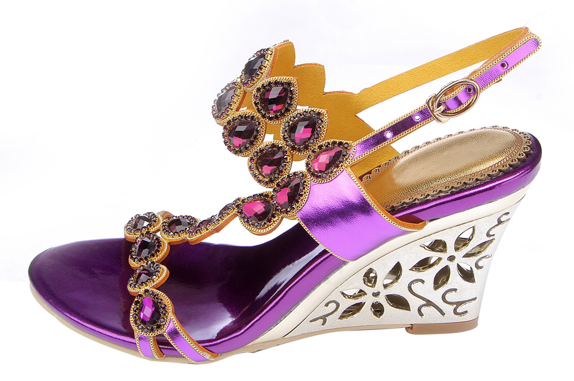 Honeystore Women's Rhinestone Embellished Water Pattern Wedge Sandals with Adjustable Straps - Perfect for Beach Vacations, Summer Parties & Casual Outings