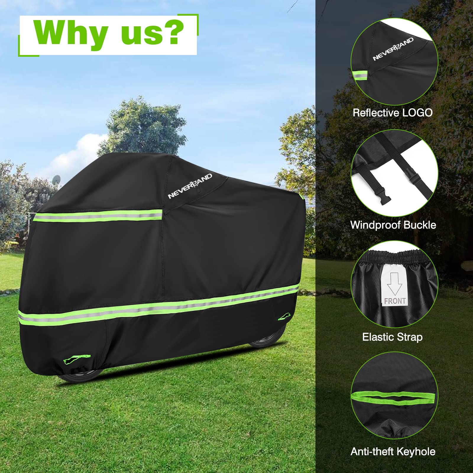 NEVERLAND Heavy Duty Waterproof Motorcycle Cover with Night Reflective & Lock Holes - All Season Outdoor Protection for Scooters & Bikes Up to 86