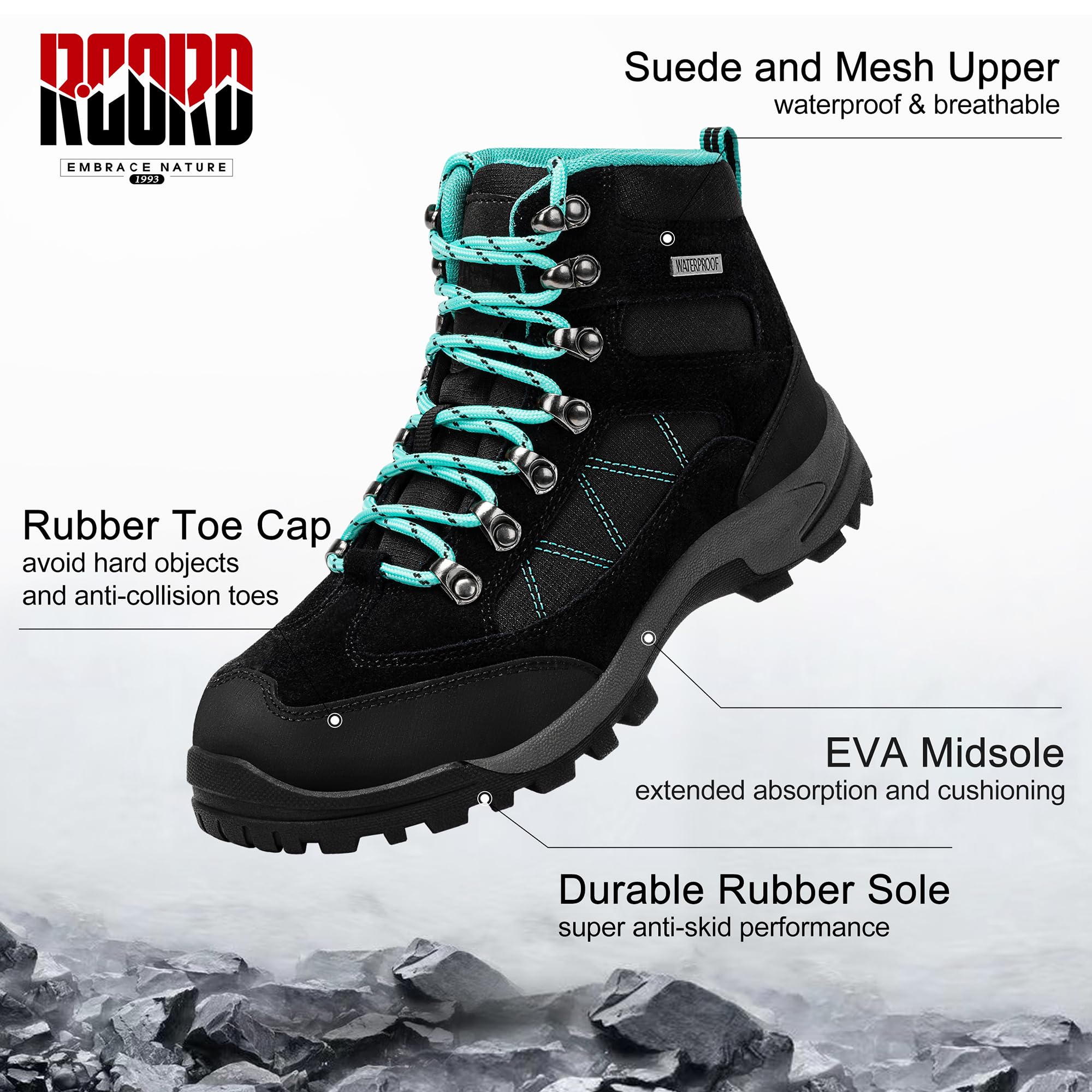 Waterproof Women's Hiking Boots - Lightweight Outdoor Trekking Shoes for Camping & Trail Walking | Durable Non-Slip RCORD Boots for Hiking Adventures