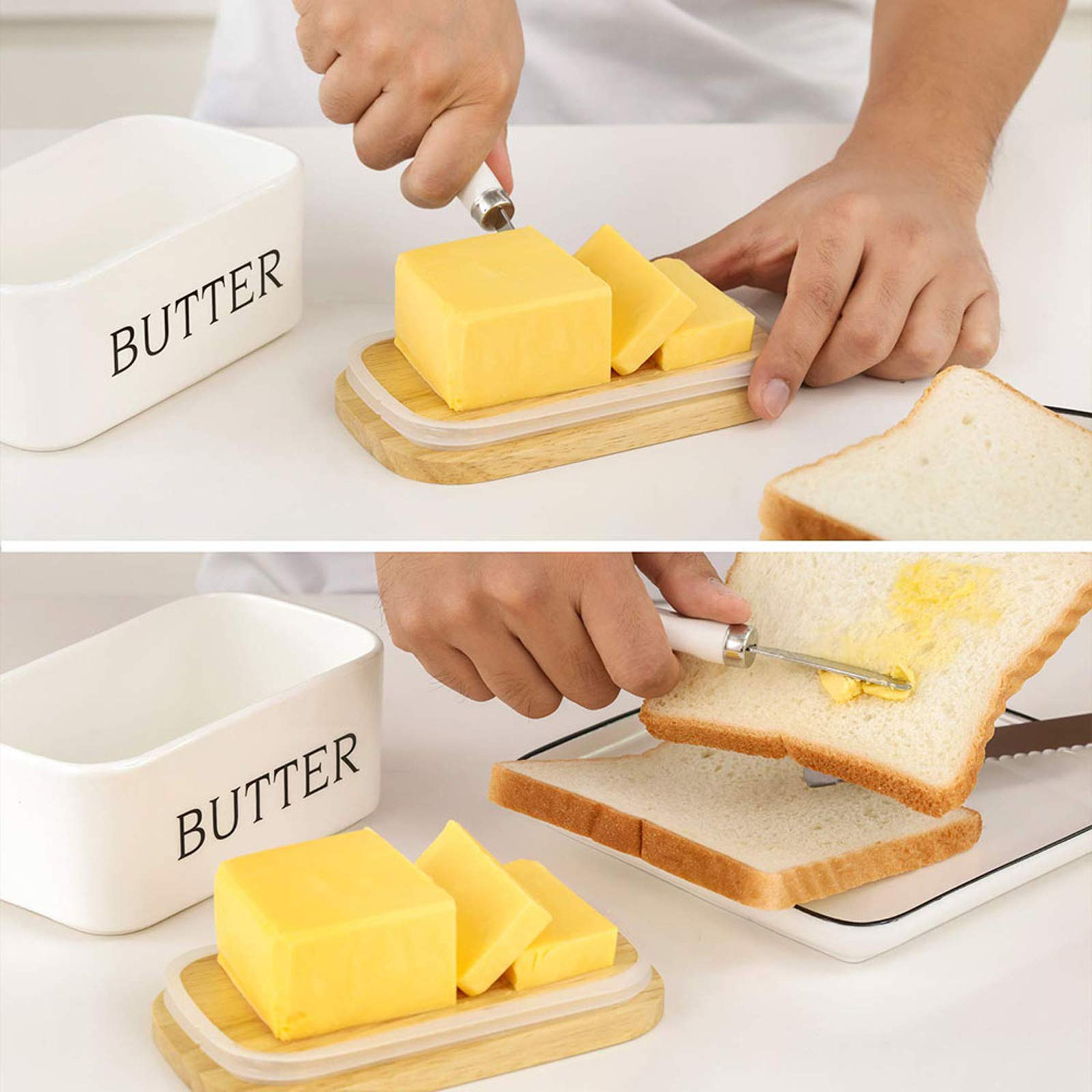 Ceramic Butter Dish with Lid - Large Butter Keeper Container with Bamboo Cover & Silicone Seal - Includes Butter Knife - Perfect for Kitchen, Dining Table, and Gift Giving - Ideal for Keeping Butter Fresh at Room Temperature