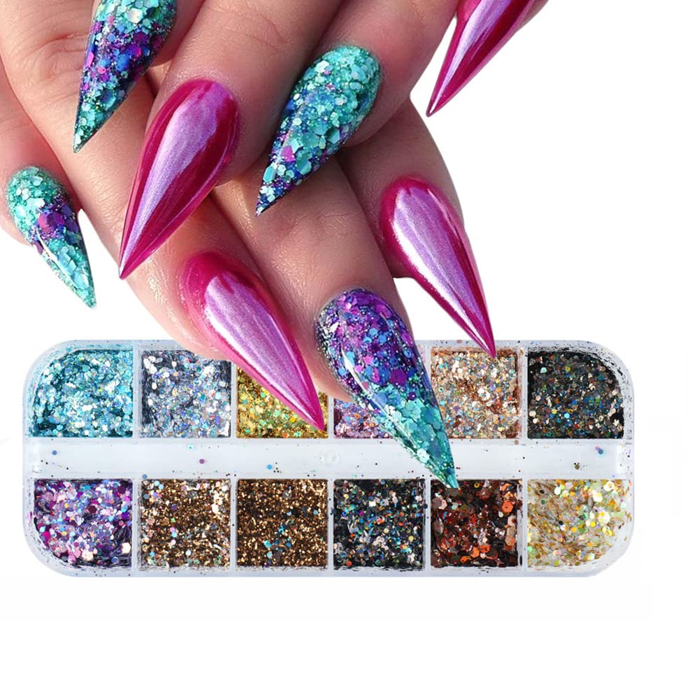 S.A.V.I 12 Grids Nail Sequins - Mixed Colors & Sizes for DIY Nail Art, Manicure Decorations - Perfect for Women's Nail Design, Parties, Bridal, and Salon Use