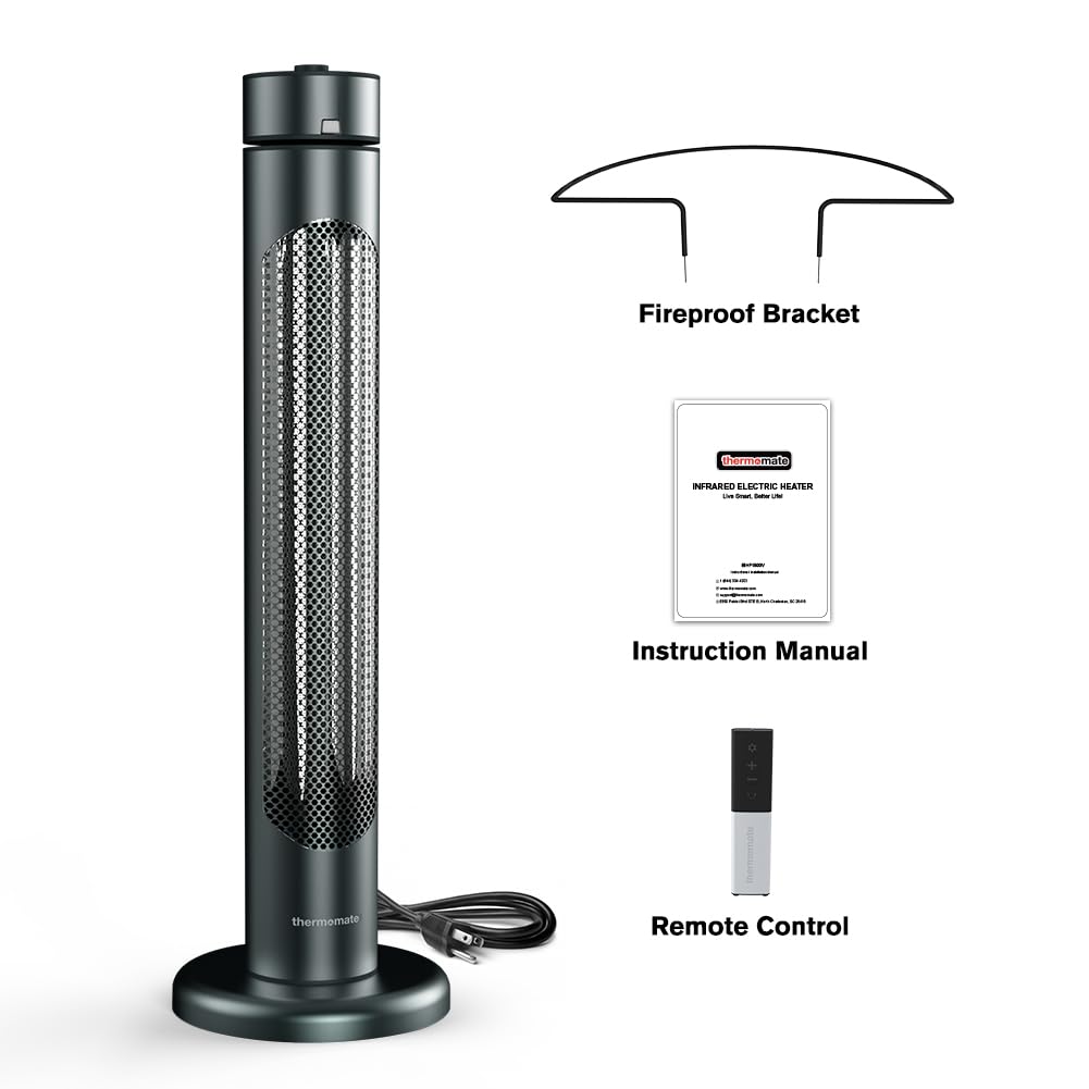 Thermomate 1500W Electric Patio Heater with Remote Control - IP65 Waterproof Outdoor/Indoor Infrared Heater, 8 Heating Levels, 8-Hour Timer & Oscillation, Tip-Over Protection - Perfect for Garage, Backyard, Restaurant, and Patio Use
