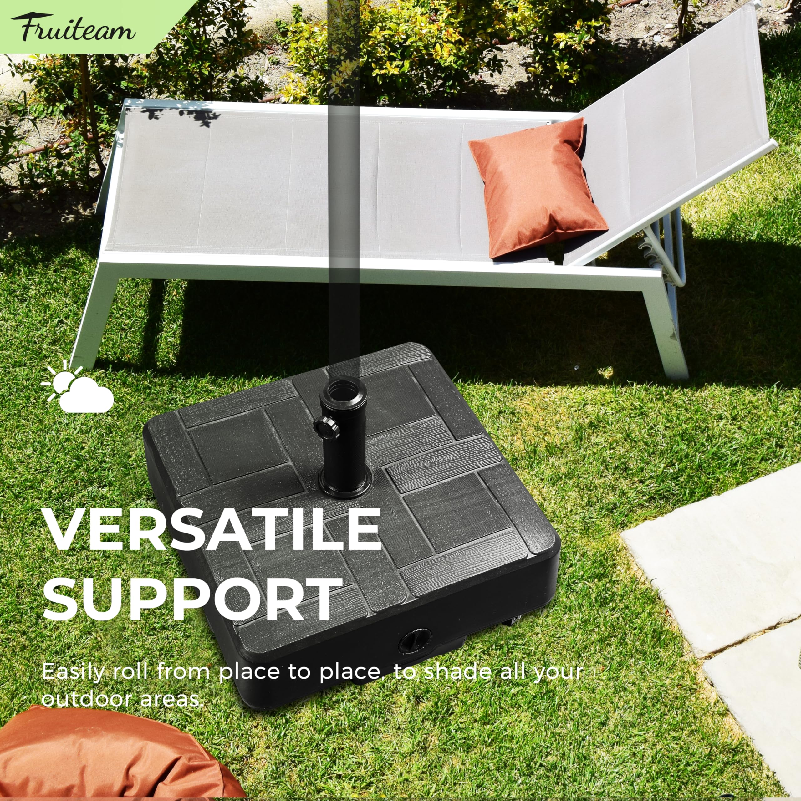 FRUITEAM 155lb Heavy Duty Fillable Portable Umbrella Base with 4 Wheels - Wind-Resistant Square Market Stand for Patio, Deck & Outdoor Use - Includes 2 Locks & 1 Knob - Perfect for Commercial Events, Backyard BBQs and Beach Parties