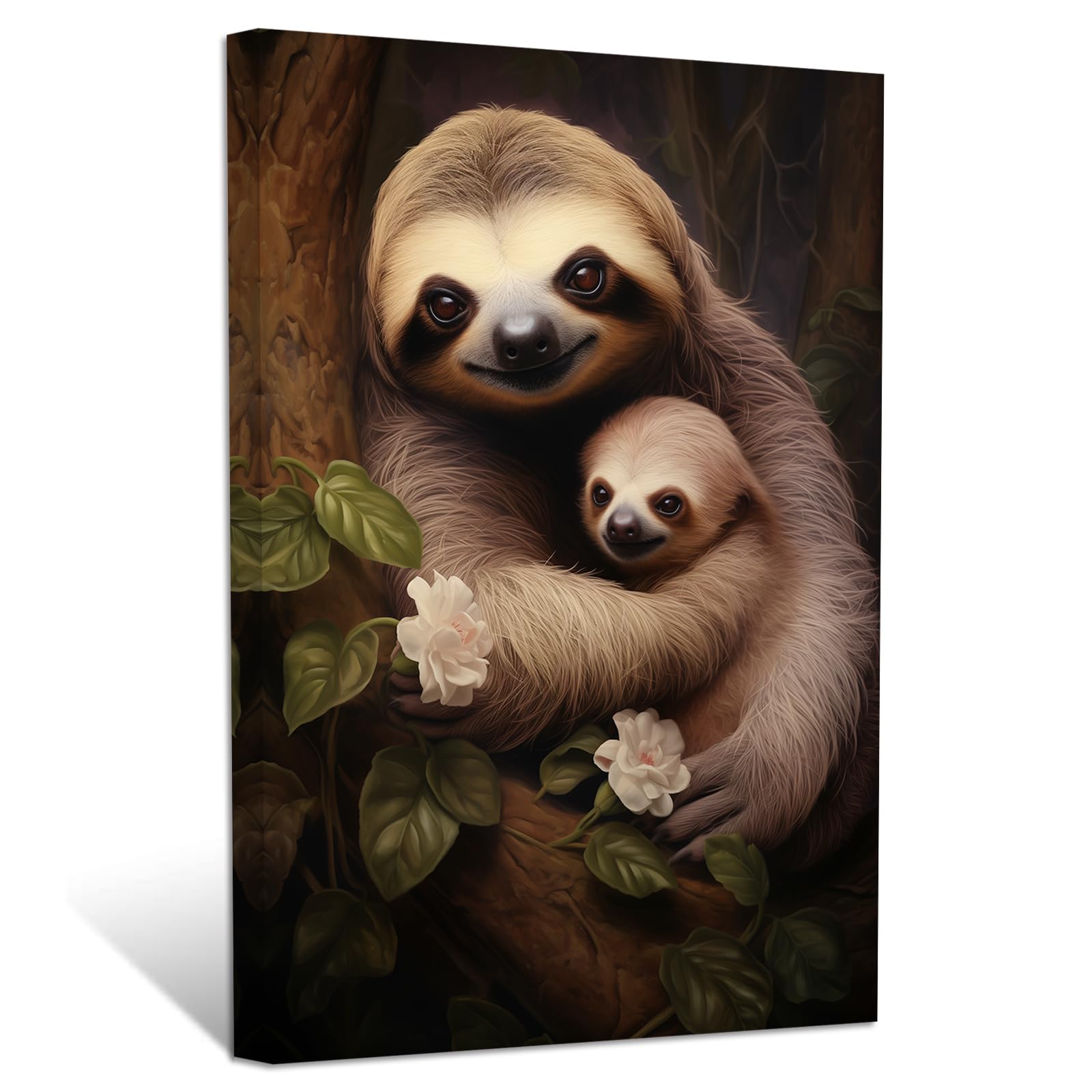 Sloth Wall Art - Framed Mother & Baby Sloth Painting (28x42 Inches) for Kids Room & Nursery Decor | Jungle Animal Prints | Perfect for Baby Showers & Playroom Themes