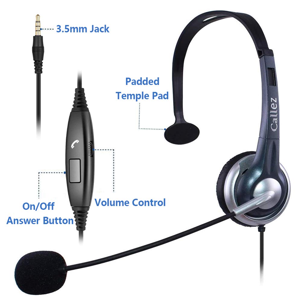 Noise Cancelling Computer Headset with Microphone - 3.5mm Wired Headphones for iPhone, Samsung, PC, Laptop, Tablet - Perfect for Skype Calls, Webinars, Online Classes, Call Center & Office Work