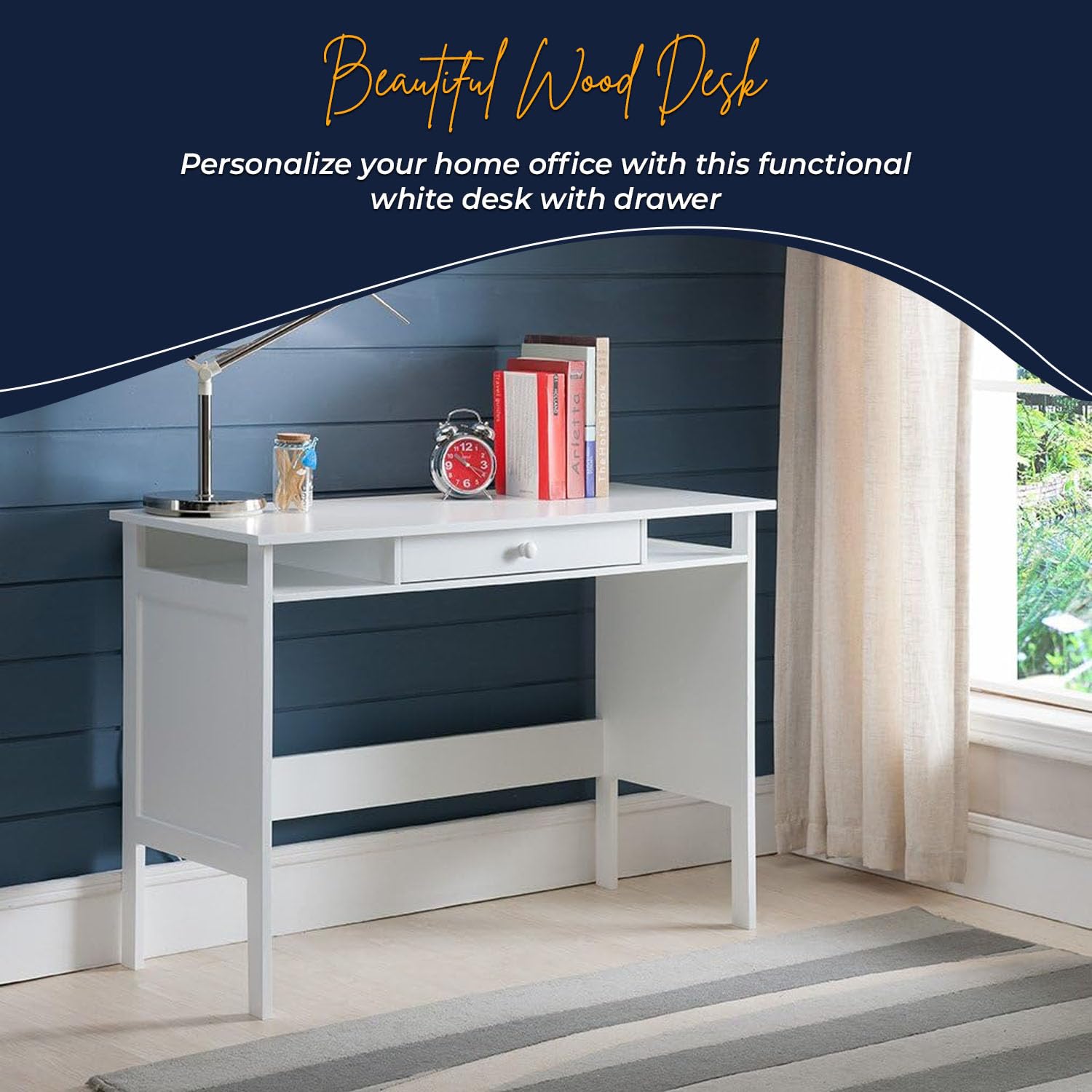 Kings Brand Furniture - White Parsons Wood Desk with Drawer for Home & Office - Perfect for Workspaces, Study Rooms & Home Offices