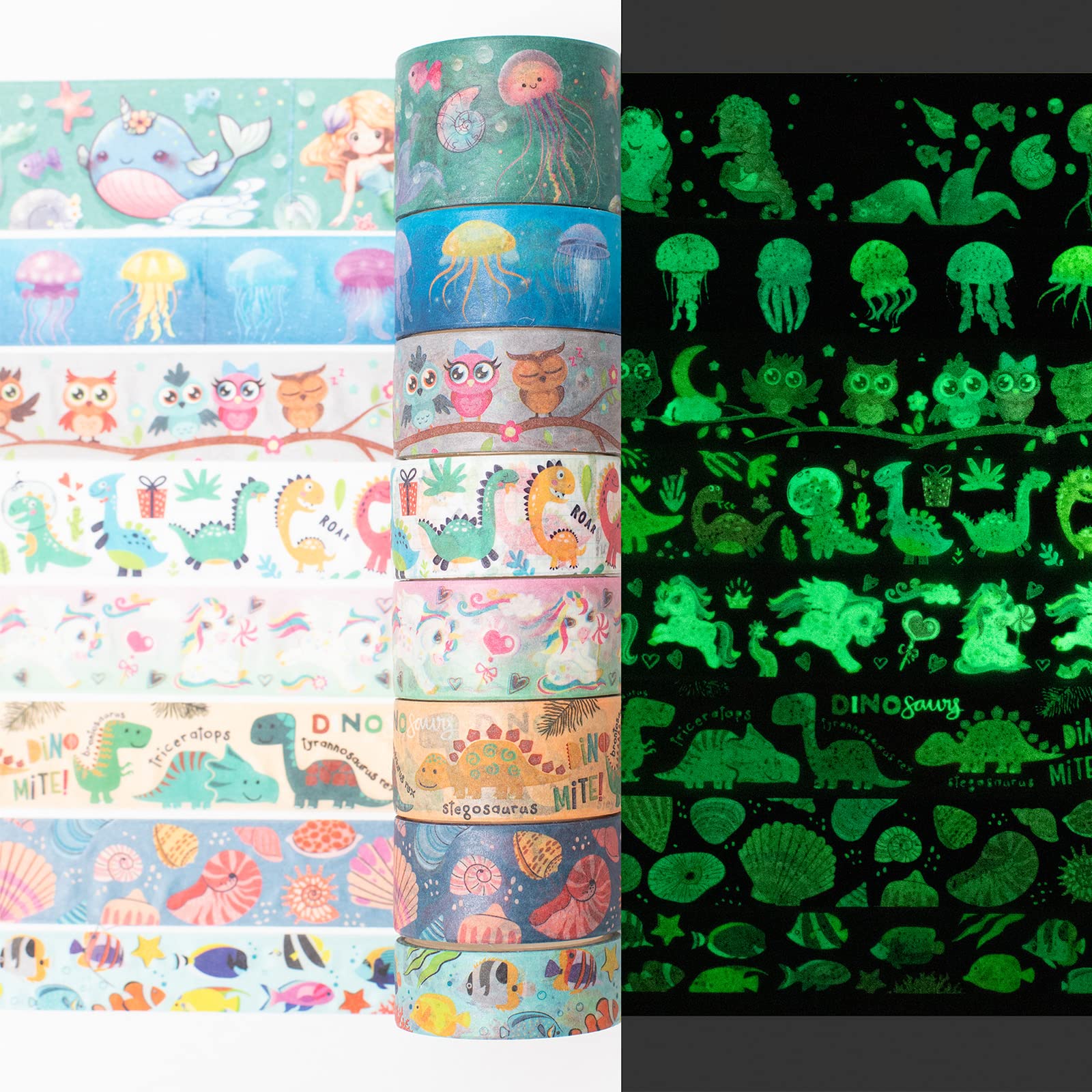 Glow in The Dark Washi Tape Set - 8 Rolls Cute Creatures Decorative Masking Tapes for DIY Crafts, Scrapbooking, Journaling, Planner Decor & Gift Wrapping | Perfect for Nighttime Projects, Kids' Rooms & Creative Arts