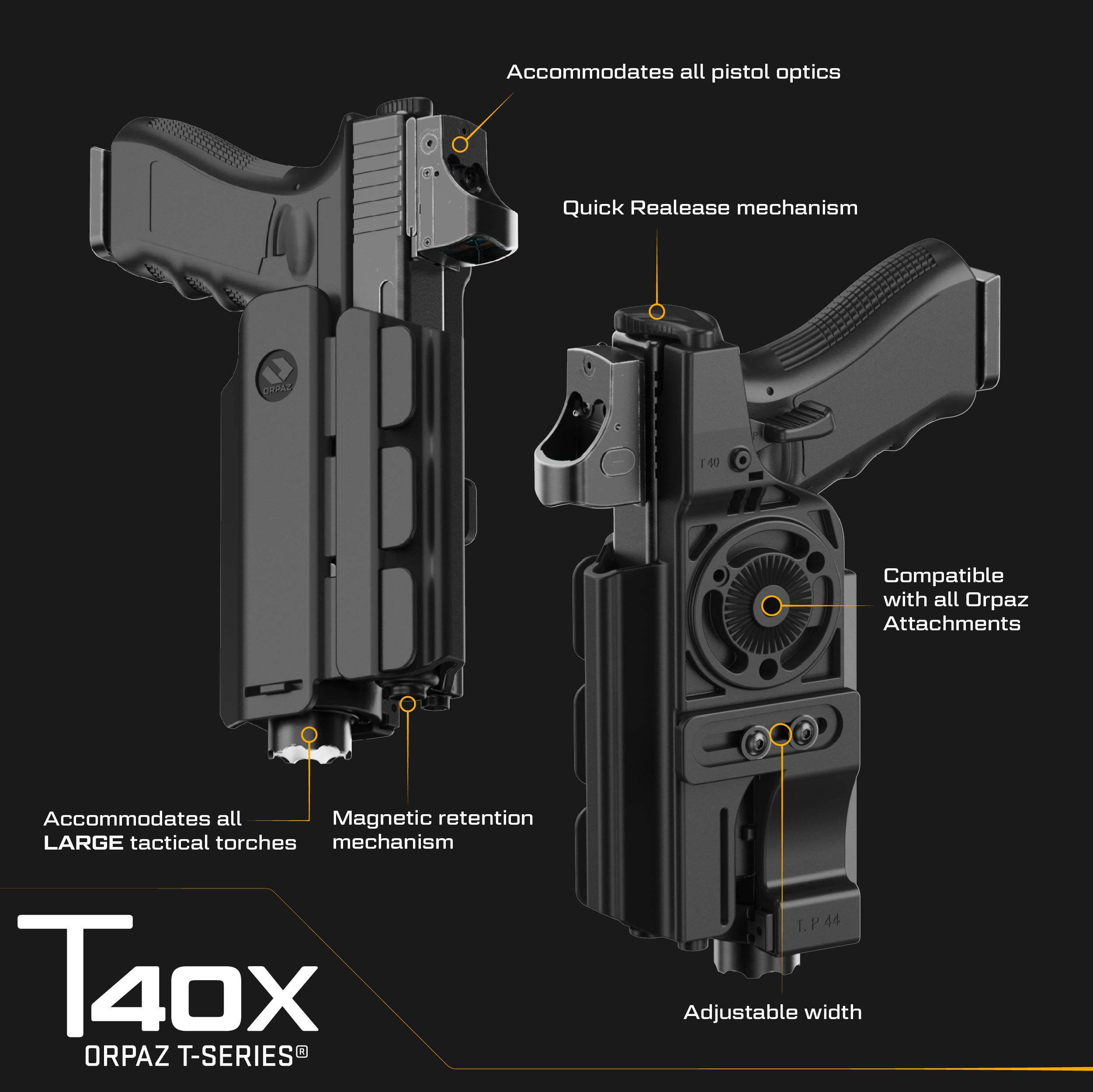 Orpaz T40 Adjustable Modular Light Bearing Holster - Compatible with Most Pistols, Flashlights, Lasers & Optics | Perfect for Tactical Training, Range Shooting & Concealed Carry