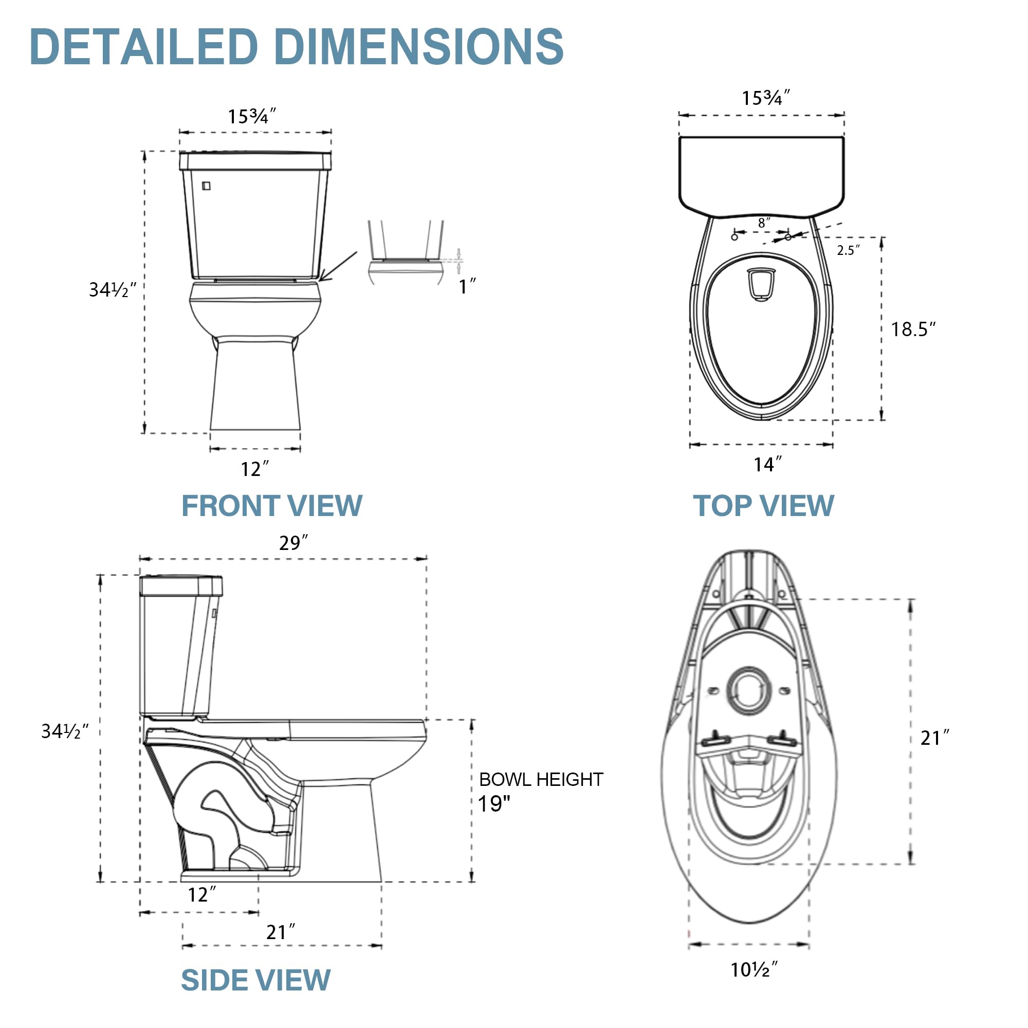 19 Inch Tall Toilet for Seniors & ADA Compliant - High Height Elongated Bowl (20