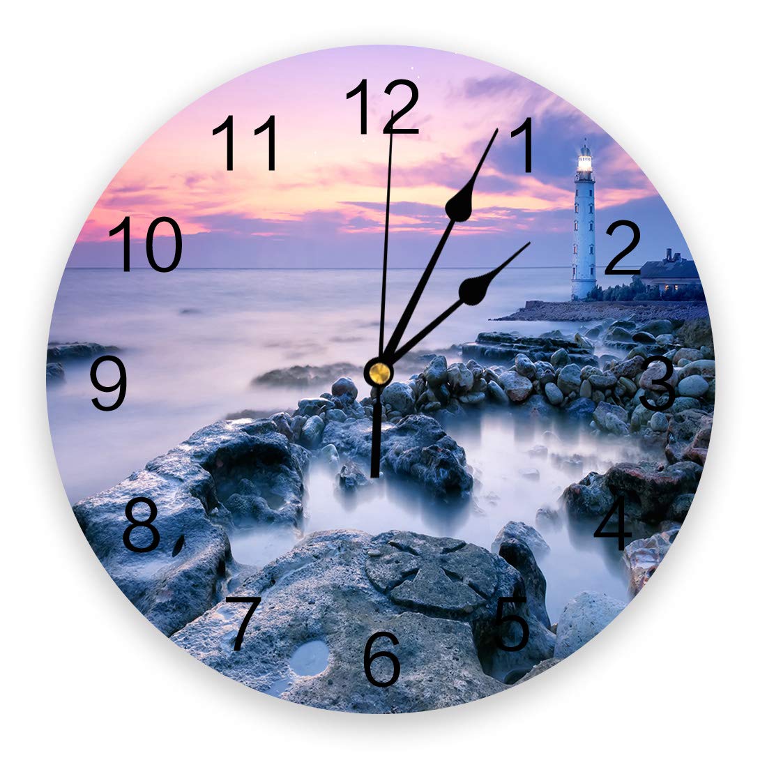 Silent Non-Ticking Lighthouse Marine Reef Wall Clock - 9.8 Inch Round Quartz Battery Operated Clock with Arabic Numerals - Perfect for Living Room, Bedroom & Office Decor