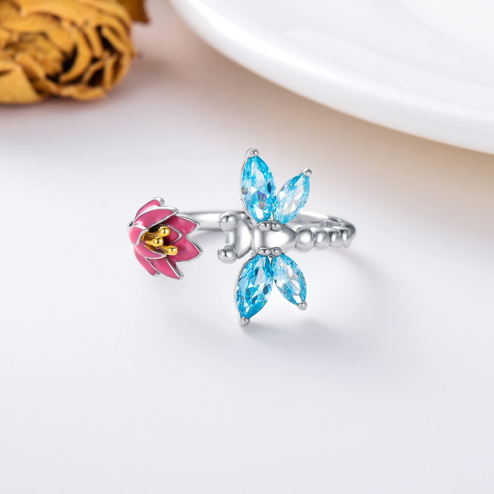 925 Sterling Silver Dragonfly Lotus Adjustable Open Ring - Elegant Boho Jewelry Gift for Women, Perfect for Weddings, Parties & Everyday Wear