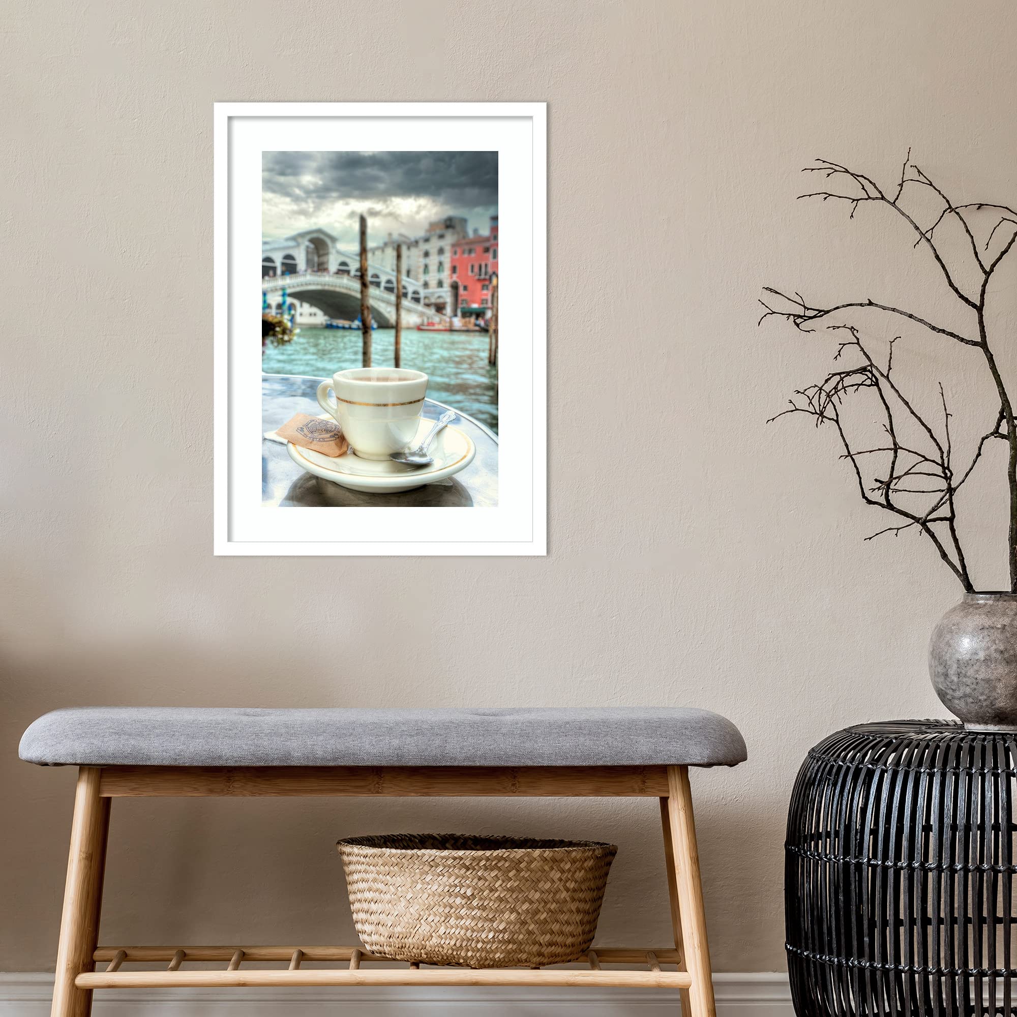 Amanti Art Framed Wall Art Print - 25x19 Caffe Rialto Bridge #1 by Alan Blaustein | Architecture Wall Decor | Coastal Style Painting | Medium Poster Artwork for Living Room, Bedroom, Bathroom & Kitchen | Home & Office Decoration
