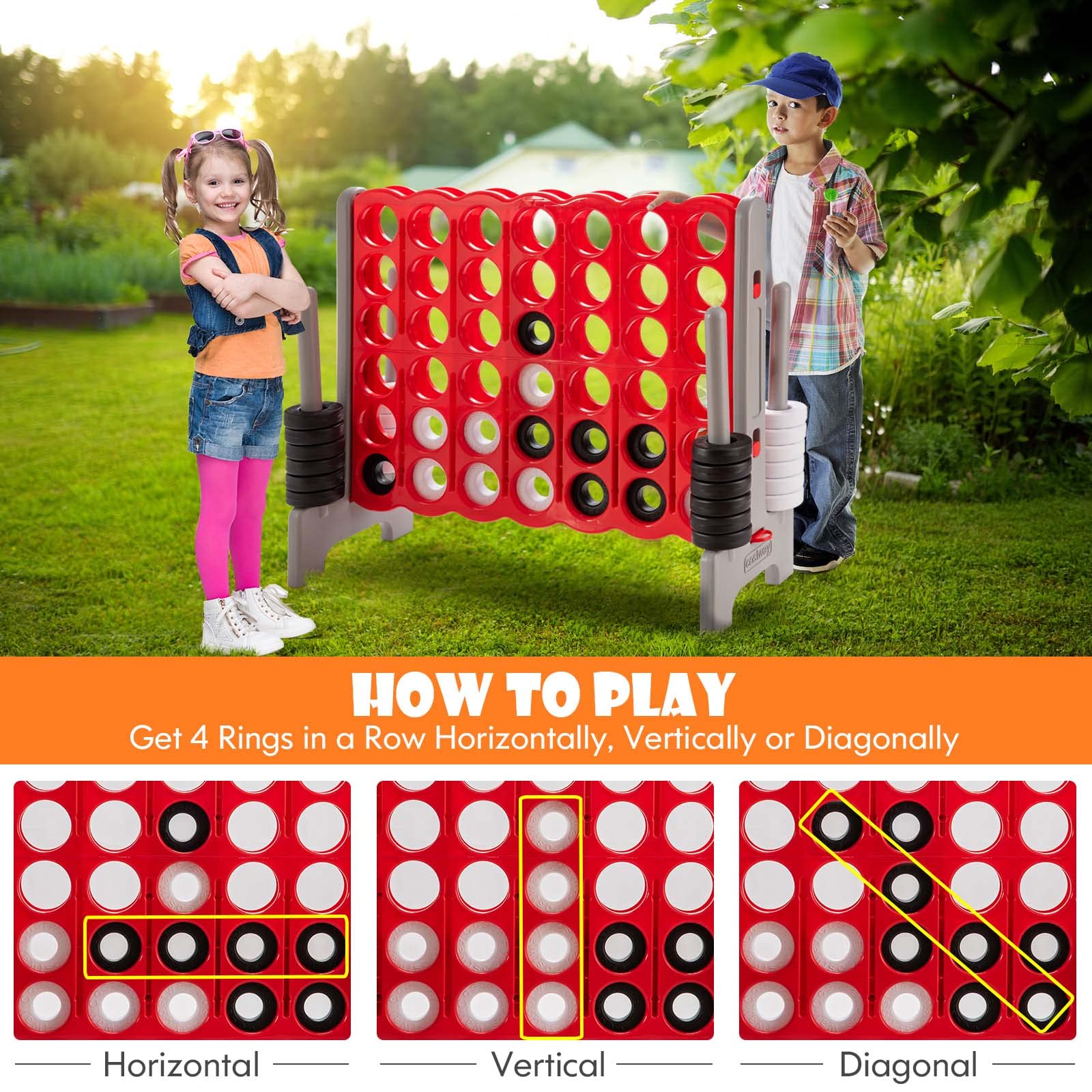 HONEY JOY Jumbo 4-to-Score Giant Game Set - Outdoor Yard Games for Family & Friends with 42 Jumbo Rings & Quick-Release Slider - 3.5FT Tall Giant 4-in-A-Row Connect Game for Kids, Adults, Backyard, Picnic & Party Fun