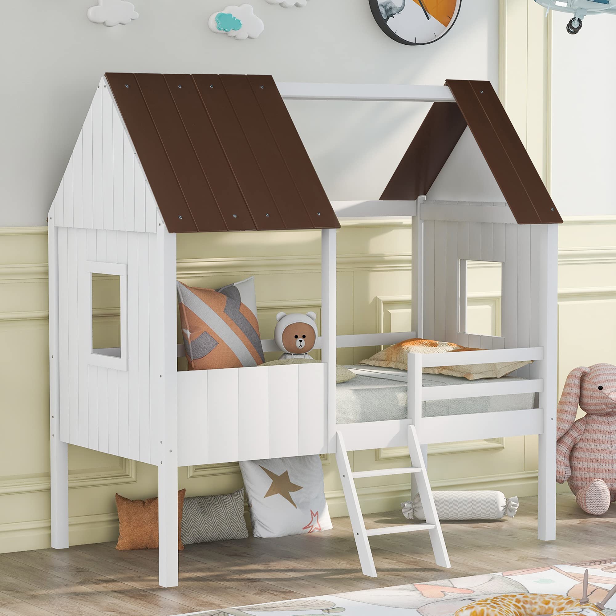 Merax Twin Size Wooden Loft Bed with Ladder & Guardrails - Antique Gray & White - Space-Saving Kids Bedroom Furniture for Boys & Girls - Perfect for Small Rooms, Dormitories & Shared Bedrooms