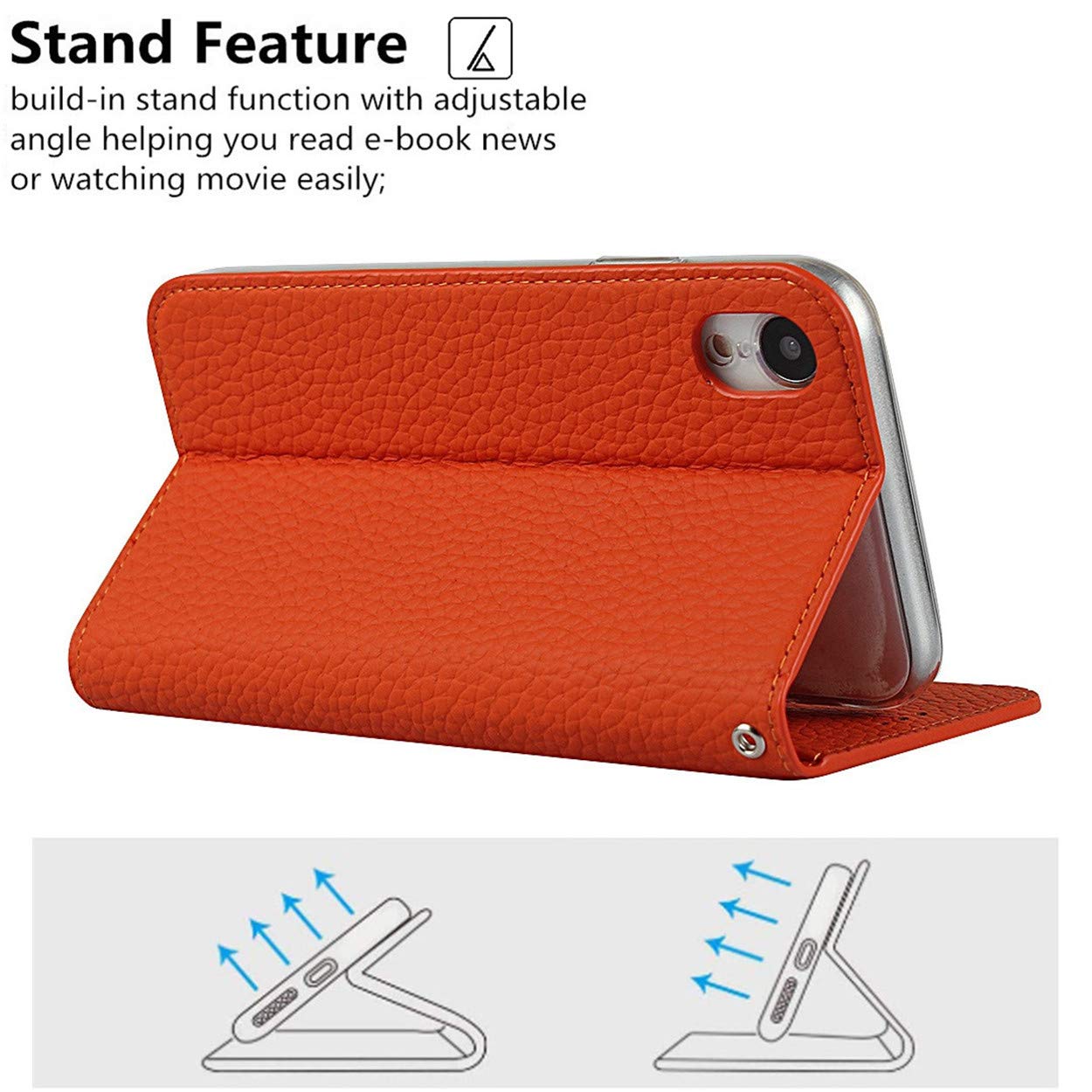 Genuine Leather Wallet Case for iPhone XR with Wrist Strap, Card Holder & Magnetic Closure - Kickstand Phone Cover (Orange) | Perfect for Everyday Use, Travel & Hands-Free Viewing