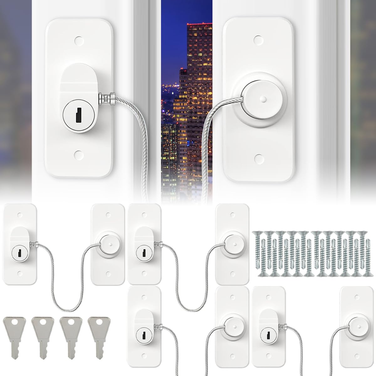 SHASUXTING 4Pcs Self-Adhesive Window Safety Locks - Childproof Security Window Restrictor with Screws & Key - Prevent Kids Falling - Durable Home Safety for Windows, Doors, Sliding Glass (Ideal for Baby Proofing & Pet Safety)