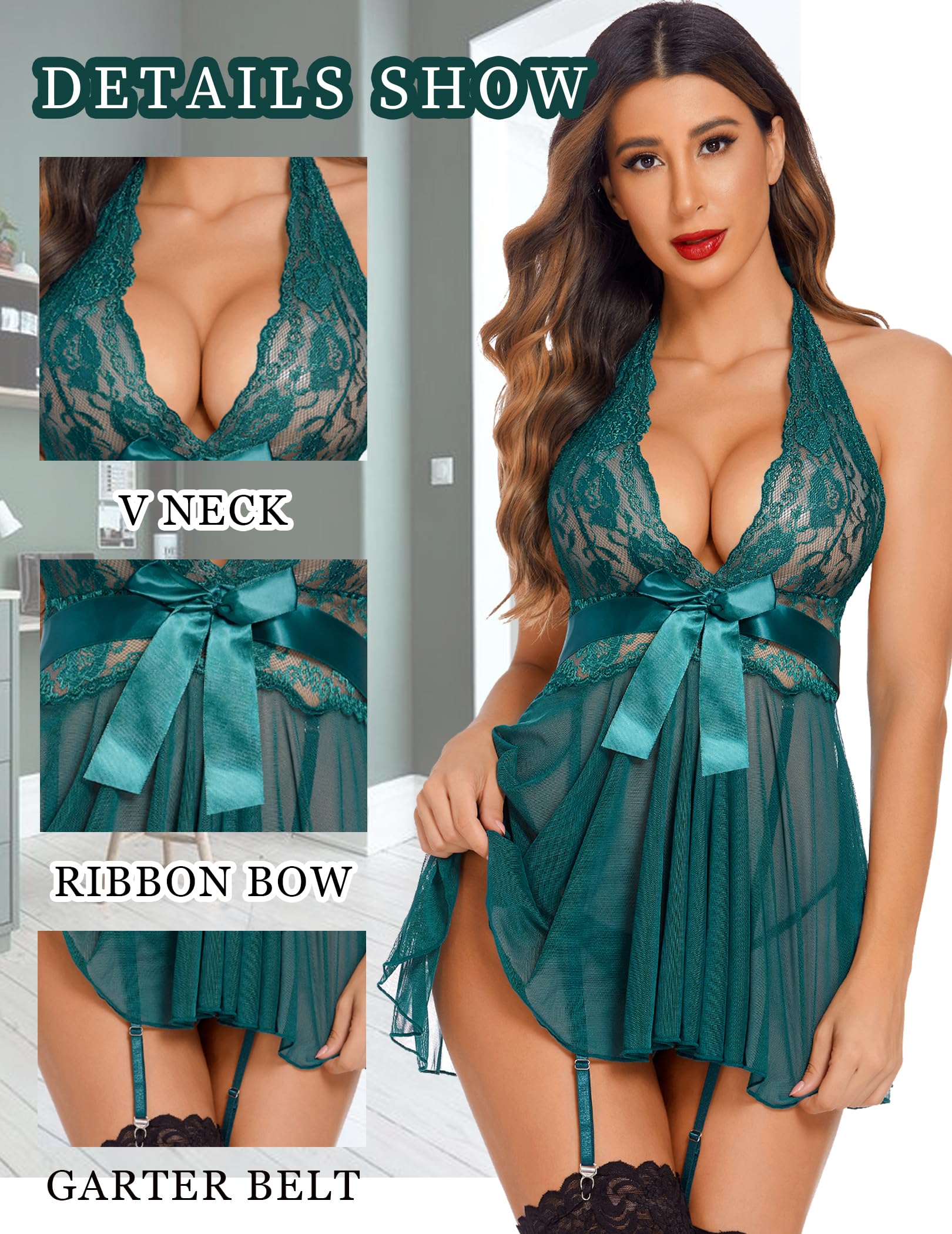 **Avidlove Women's Lace Babydoll Chemise Halter V-Neck Sexy Sleepwear with Garter Belt - Elegant Lingerie for Valentine's Day, Honeymoon & Romantic Nights**