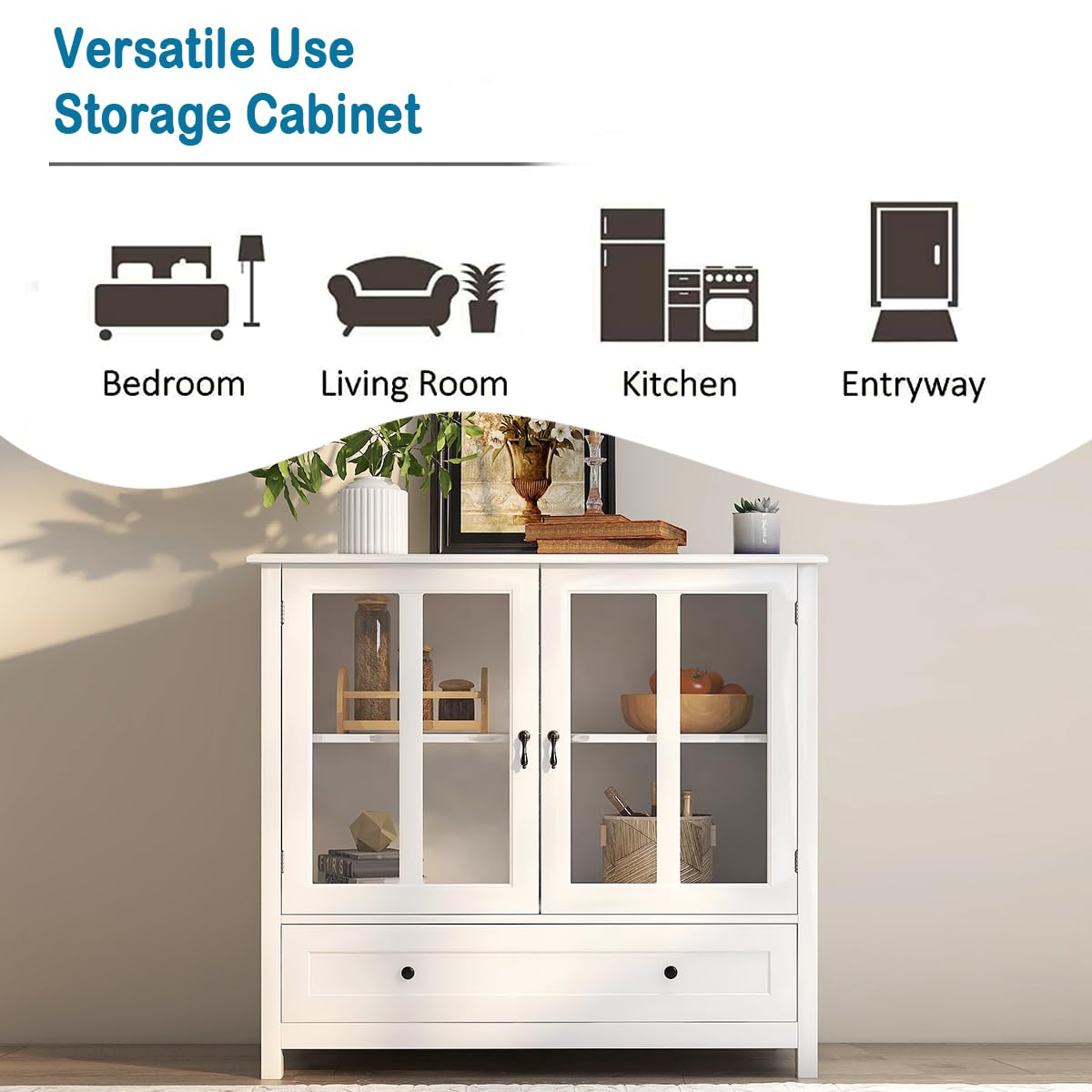 Henf Kitchen Sideboard Buffet Storage Cabinet - Freestanding Floor Cupboard with Double Glass Doors, Drawer & Adjustable Shelves | Perfect for Dining Room, Kitchen Storage & Home Organization | Ideal for Storing Dishes, Linens & Serving as Buffet Table