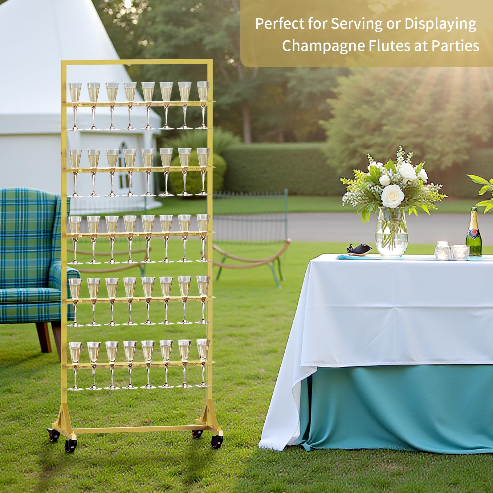 5-Tier Gold Metal Champagne Wall Holder - Holds 40 Glasses with Swivel Casters | Perfect for Weddings, Parties & Events | Sturdy Champagne Flutes Display Stand for Bars & Banquets