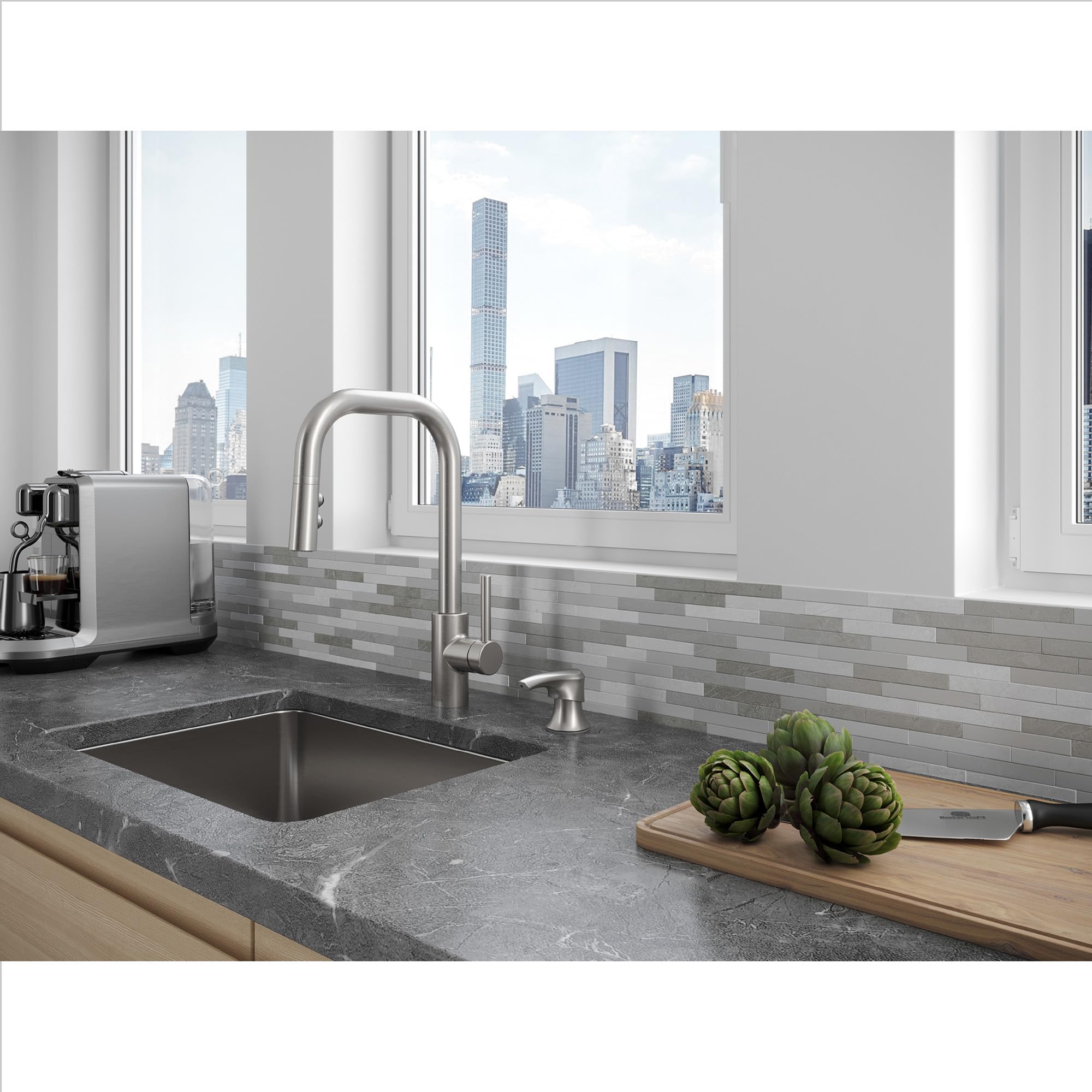 Pfister Zanna Single Handle High Arc Kitchen Faucet with Pull Down Sprayer & Soap Dispenser - Spot Defense Stainless Steel Finish (Model F5297ZNRGS) - Perfect for Modern Kitchens, Dishwashing & Food Prep