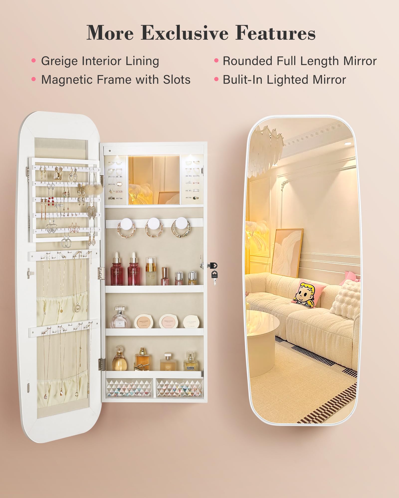 Nicetree LED Mirror Jewelry Cabinet - Wall/Door Mounted Jewelry Armoire Organizer with Lockable Storage, 2 Drawers & Interior Mirror - Pure White for Bedroom, Dressing Room & Closet Organization