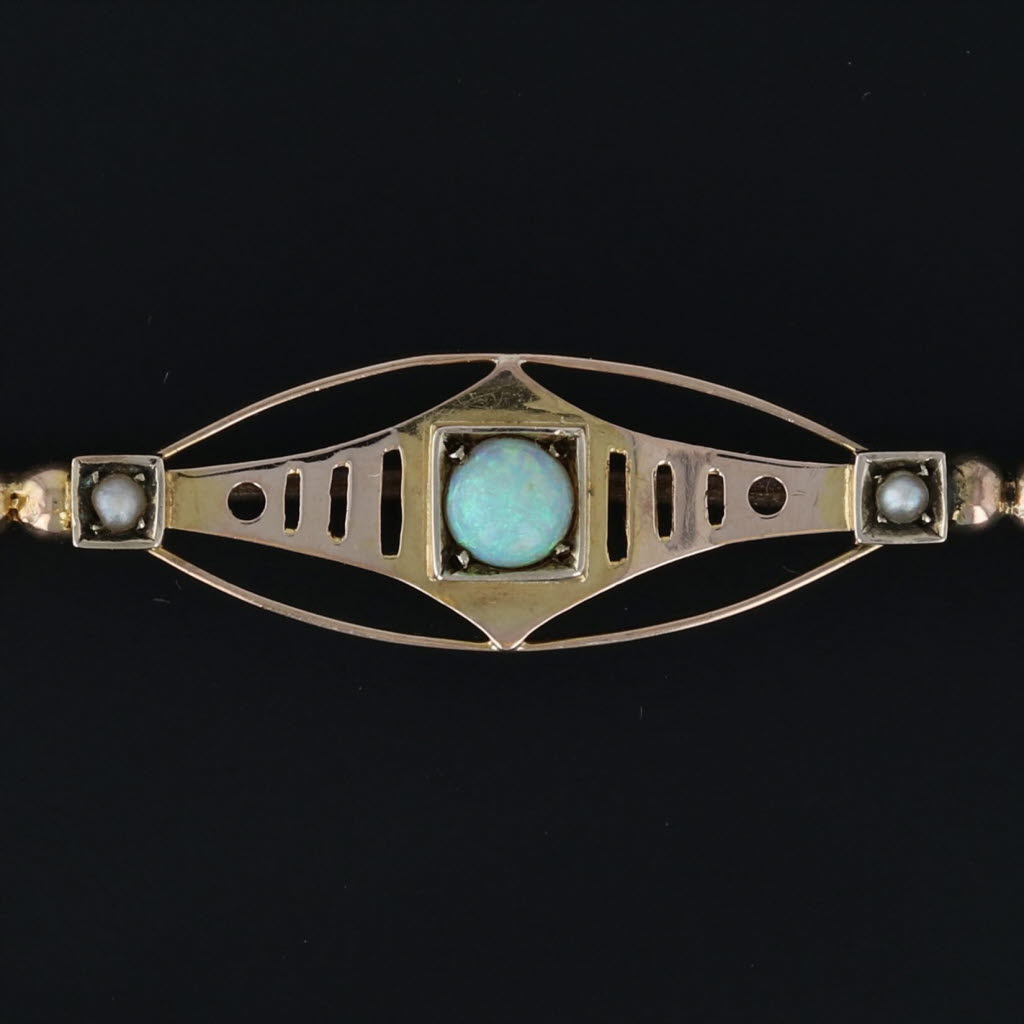 Antique Art Nouveau 10k Yellow Gold Opal & Pearl Bar Brooch Pin - Vintage Jewelry c.1900 for Wedding, Bridal & Special Occasions