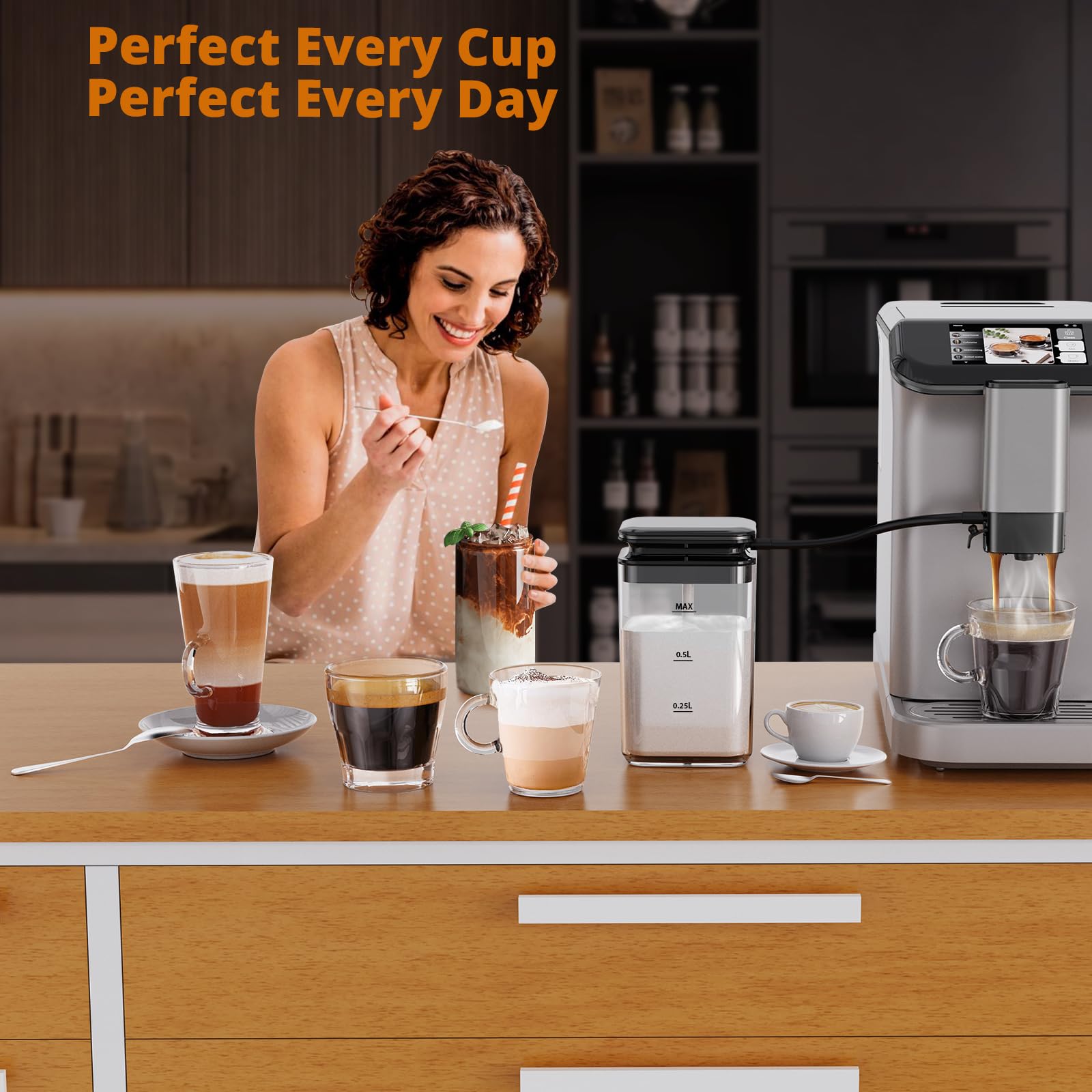 Premium Automatic Espresso Coffee Machine with Built-in Grinder & 20 Bar Pressure - Silver and Black TFT Touch Screen Espresso Maker with Auto Milk Frother for Latte, Cappuccino & Americano - Perfect for Home Baristas & Coffee Shops