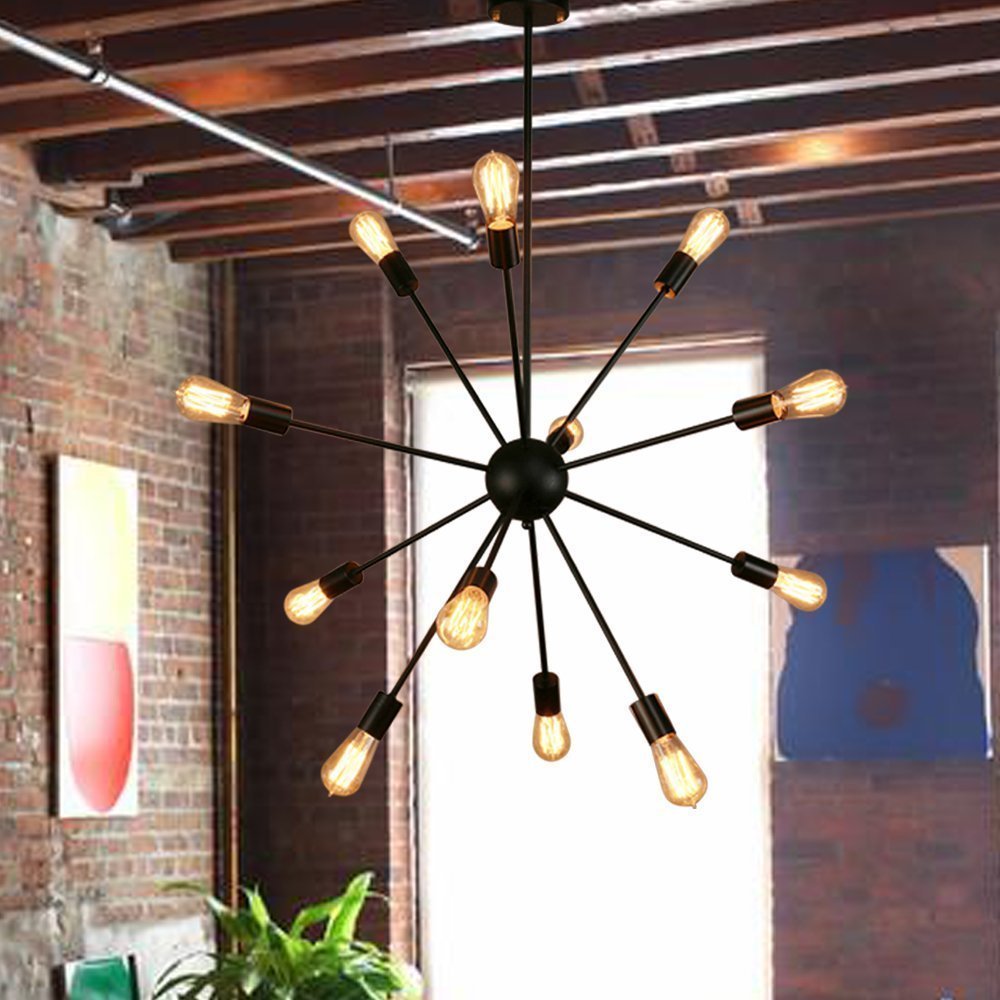 Vintage Sputnik Chandelier - 12-Light Black Pendant Ceiling Fixture, UL Listed Modern Lighting for Dining Room, Kitchen, Living Room, Bedroom | Perfect for Mid-Century Decor & Open Concept Spaces