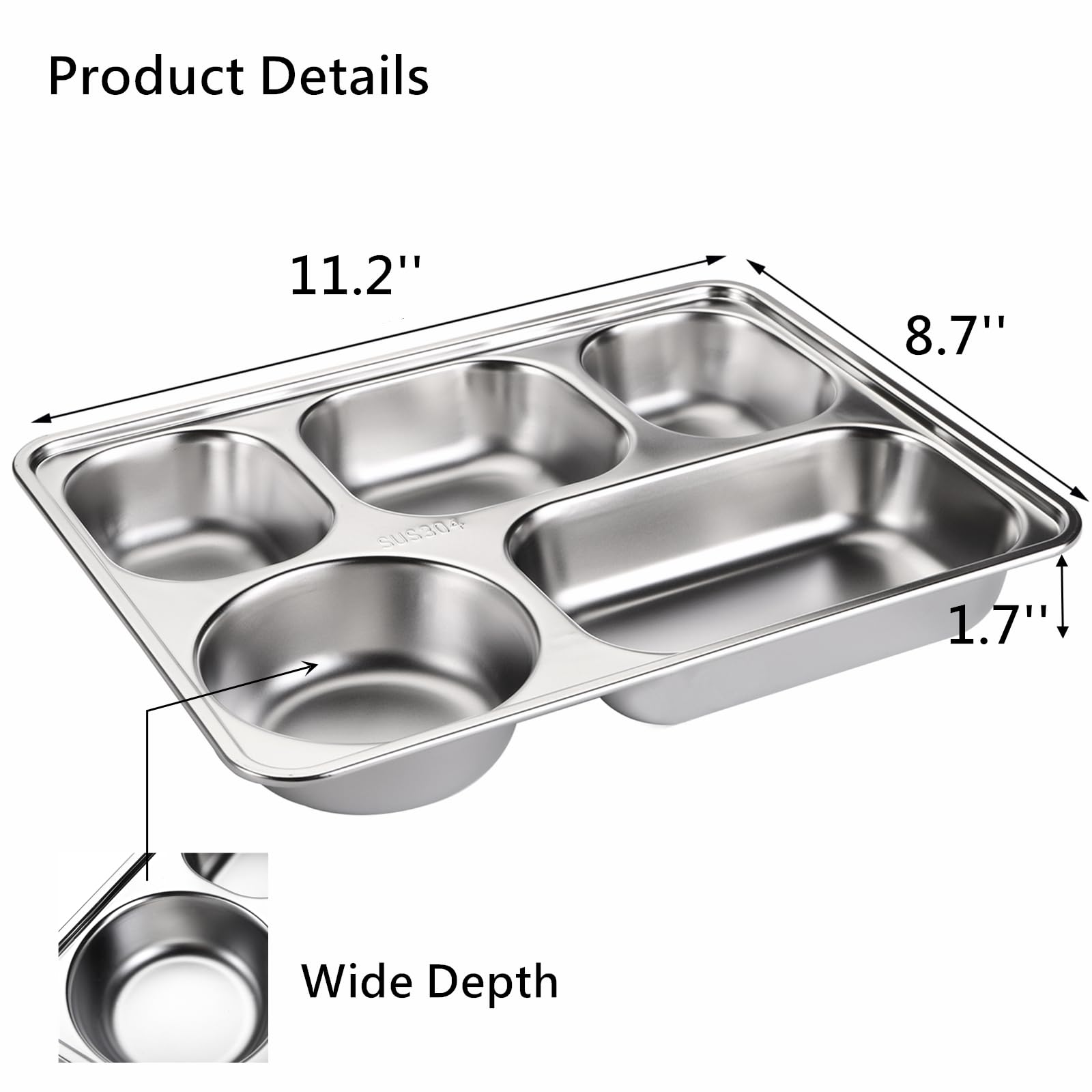 Tebery 3-Pack Stainless Steel Divided Plates with 5 Sections - Durable Rectangular Meal Trays for Adults & Kids | Perfect for Picky Eaters, Portion Control, Camping, School Lunches & Family Dinners
