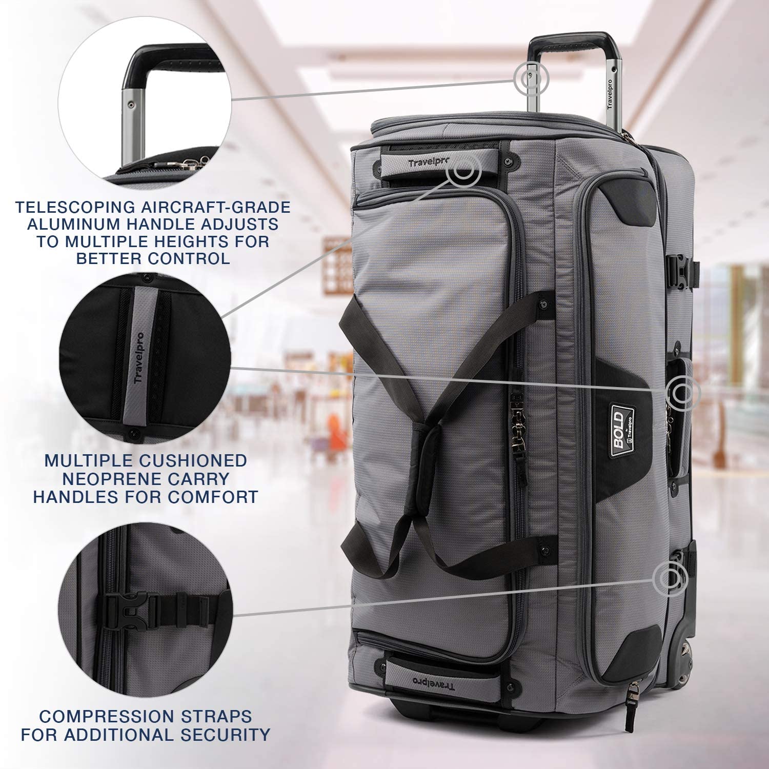 Travelpro Bold Drop Bottom Wheeled Rolling Duffel Bag 30-Inch - Expandable Luggage for Air Travel, Grey/Black - Perfect for Business Trips, Weekend Getaways & Family Vacations