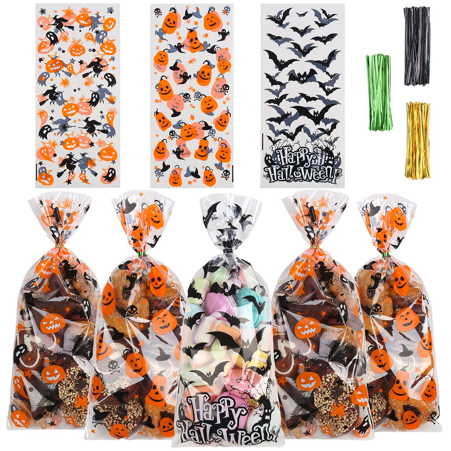 LOKIPA Halloween Cellophane Treat Bags - 150pcs Candy Goodie Bags with Twist Ties for Halloween Party Favors (3 Styles) | Perfect for Trick-or-Treating, Classroom Treats & Halloween Party Supplies