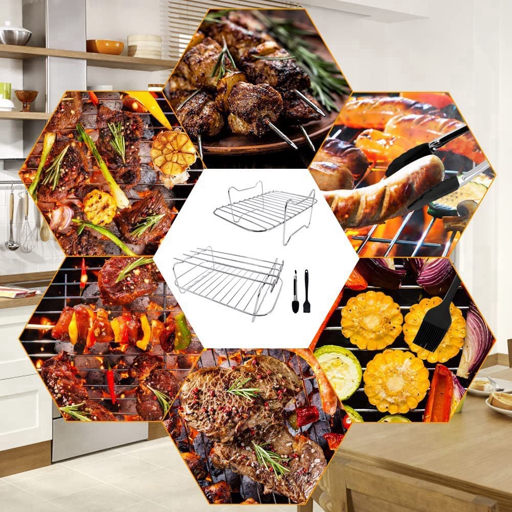 Louttary Air Fryer Rack for Ninja Dual Air Fryer - 2-Piece Stainless Steel Rack with 4 Skewers, Cleaning Brush & Clips - Compatible with Double Basket Air Fryers - Perfect for Grilling, Roasting & Baking Chicken, Vegetables & More