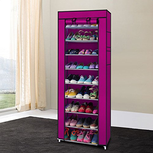 10-Tier Shoe Rack with Dustproof Cover - Non-Woven Fabric Shoe Storage Cabinet Organizer for Entryway, Living Room & Bedroom | Free Standing Shoe Shelf (Rose Red) | Perfect for Small Spaces & Closet Organization