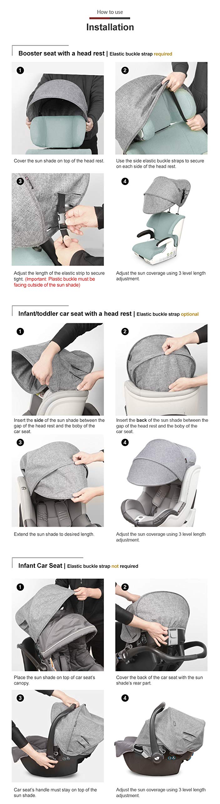 Manito Car Seat Sun Shade Extender - Adjustable Auxiliary Canopy for Baby Stroller & Car Windows (Charcoal Grey) | UV Protection for Road Trips & Outdoor Activities