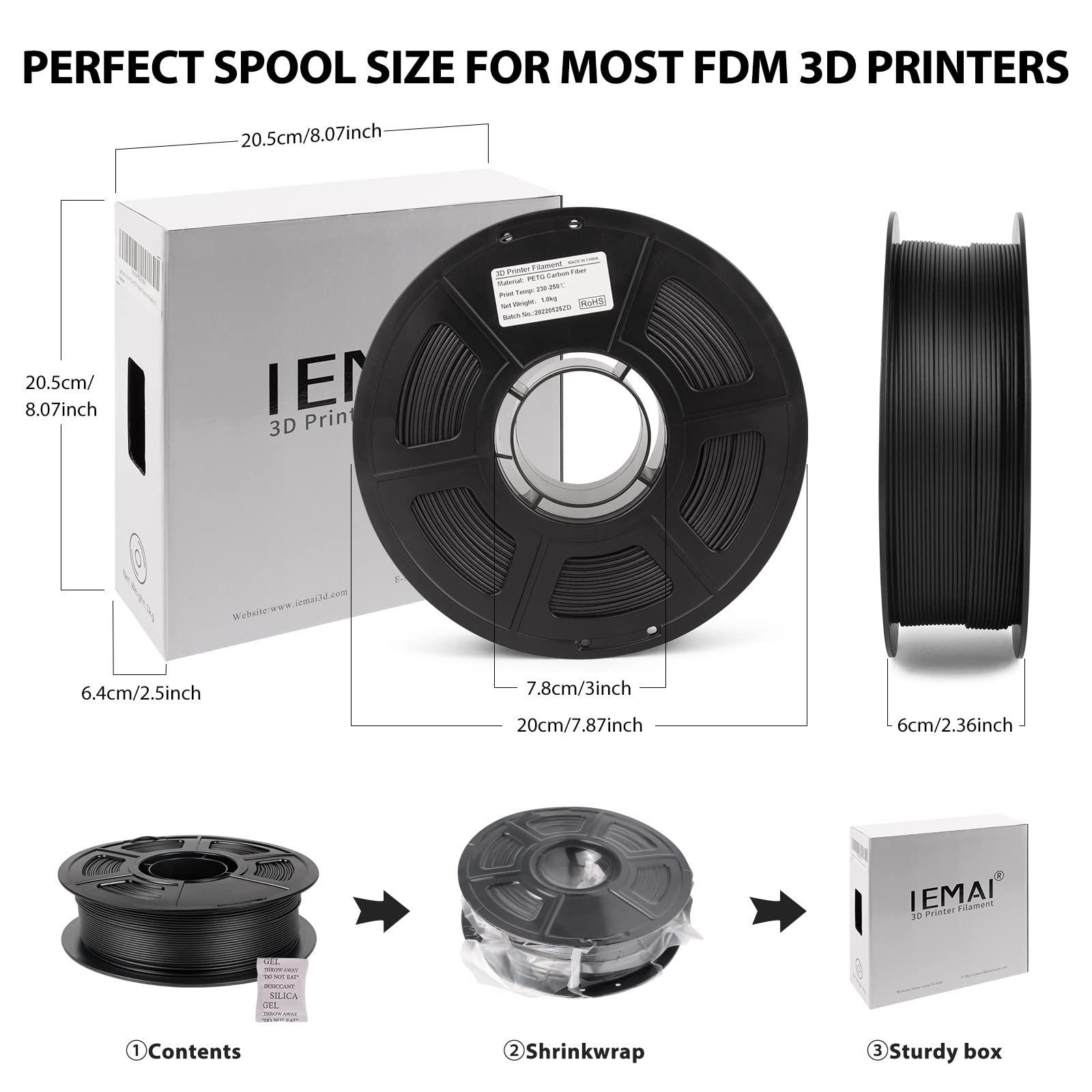 Premium IEMAI Carbon Fiber PETG Filament 1.75mm - 20% Carbon Filled 3D Printer Filament (1kg Spool, Matte Black) for High-Strength Functional Parts, RC Cars & Engineering Prototypes