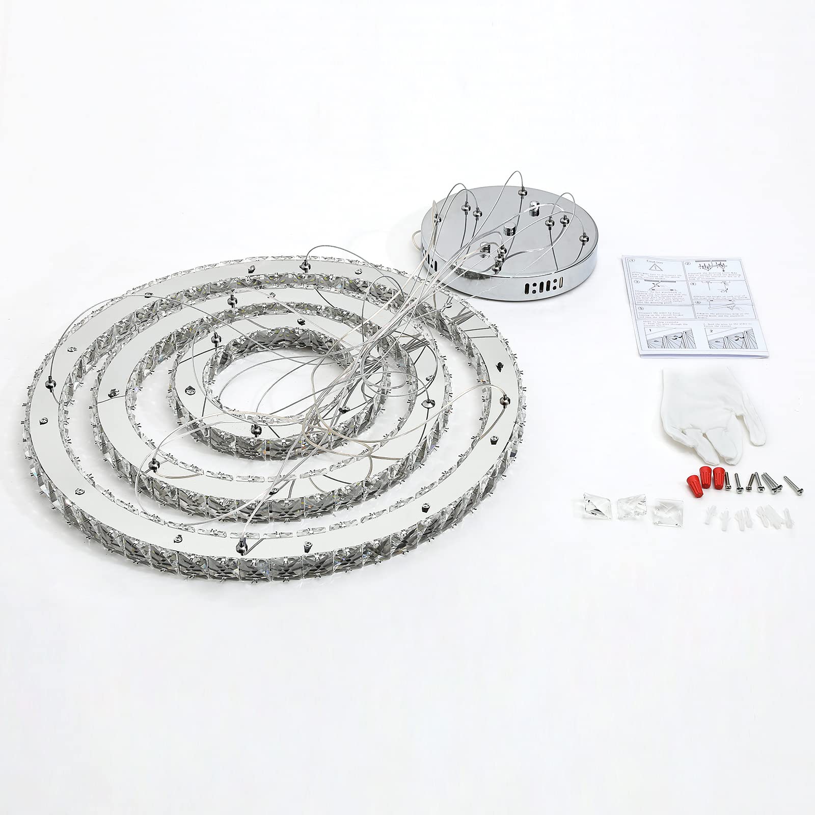 Buccleuch Modern Crystal Chandelier - Dimmable LED Pendant Light with 3-Ring Adjustable Stainless Steel Design | Silver Dining Room Chandelier for Bedroom & Living Room Lighting | ETL Certified for Home & Office Decor