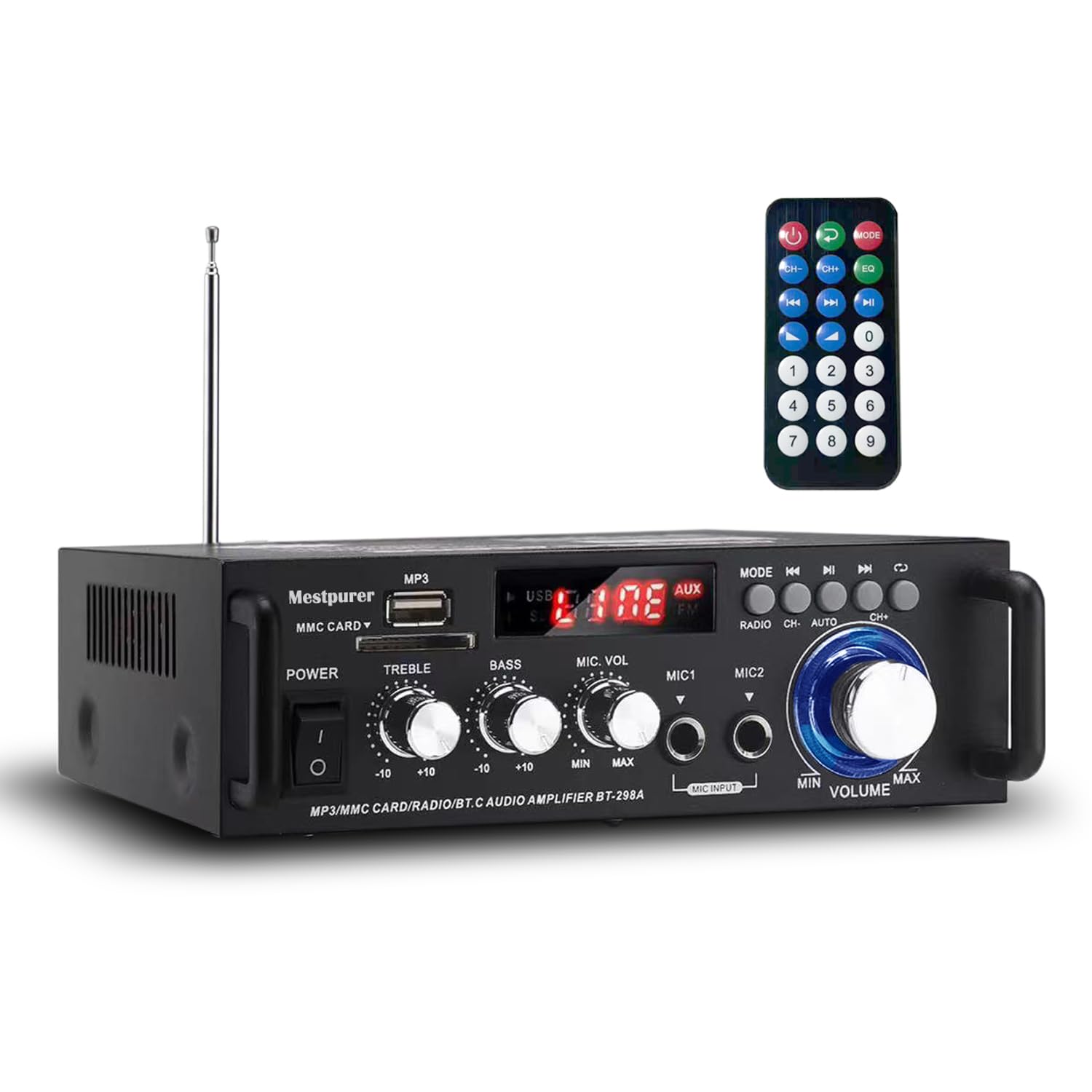 Stereo Power Amplifier with Wireless Bluetooth - 300Wx2 Dual Channel Audio Amp, LED Display, USB/SD/RCA/MIC/FM Receiver for Home Theater, Perfect for Living Room and Party Sound Systems